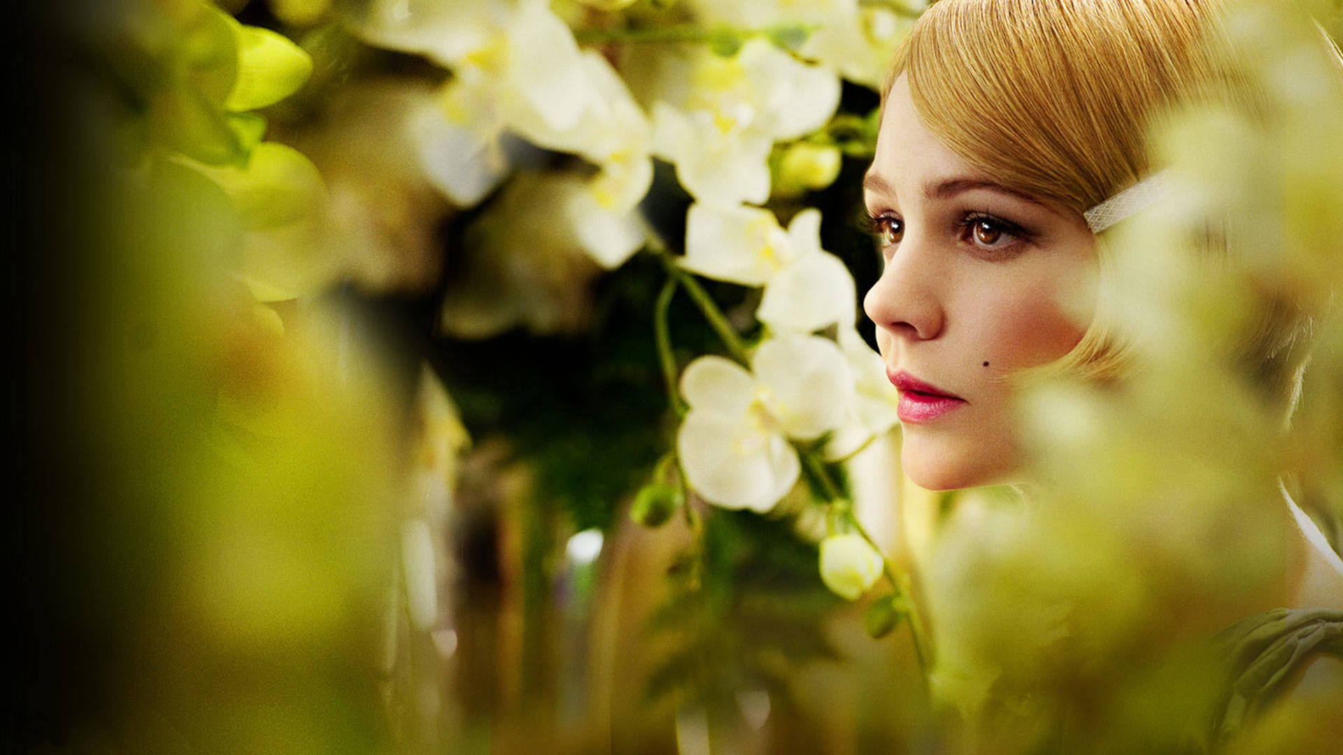 Carey Mulligan, white orchids, blonde hair, Full HD Desktop Wallpaper