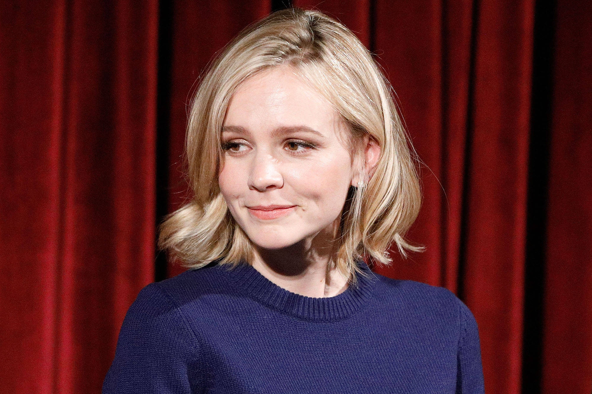Carey Mulligan, blonde hair, blue sweater, Full HD Desktop Wallpaper