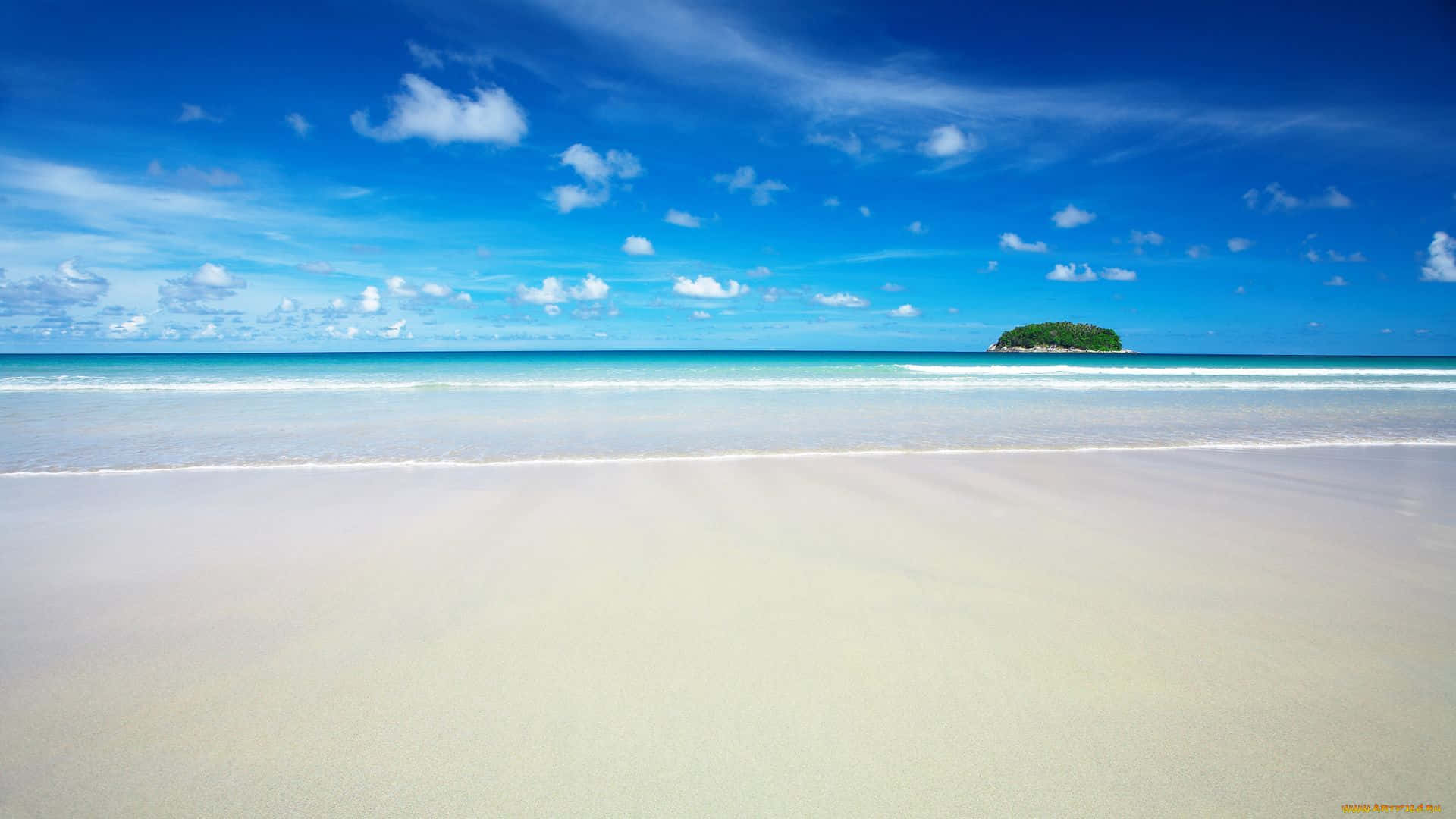 white sandy beach, blue sky, turquoise water, Full HD Desktop Wallpaper