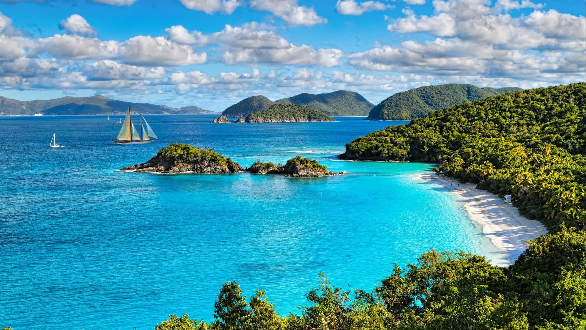 Caribbean, turquoise waters, white sand beach, Full HD Desktop Wallpaper