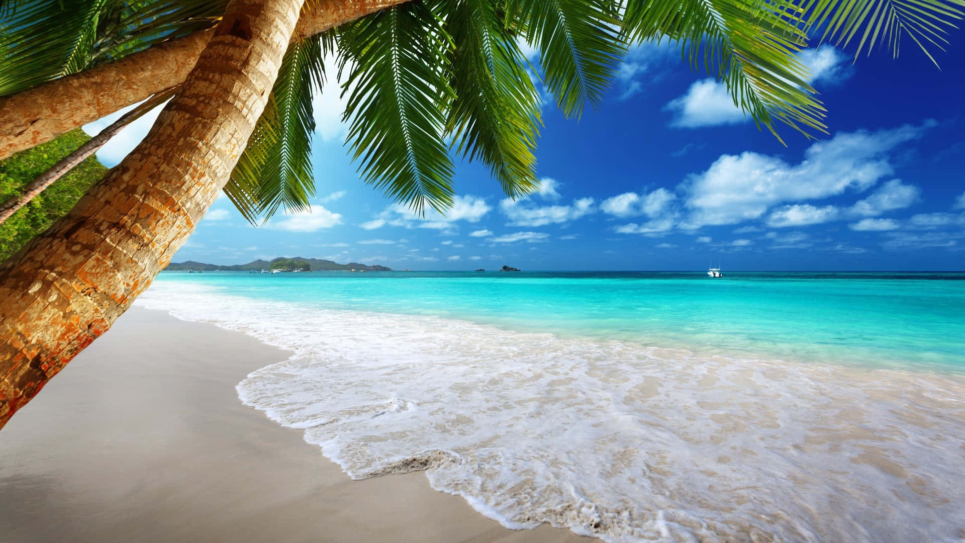 tropical beach, turquoise waves, golden sand, Full HD Desktop Wallpaper