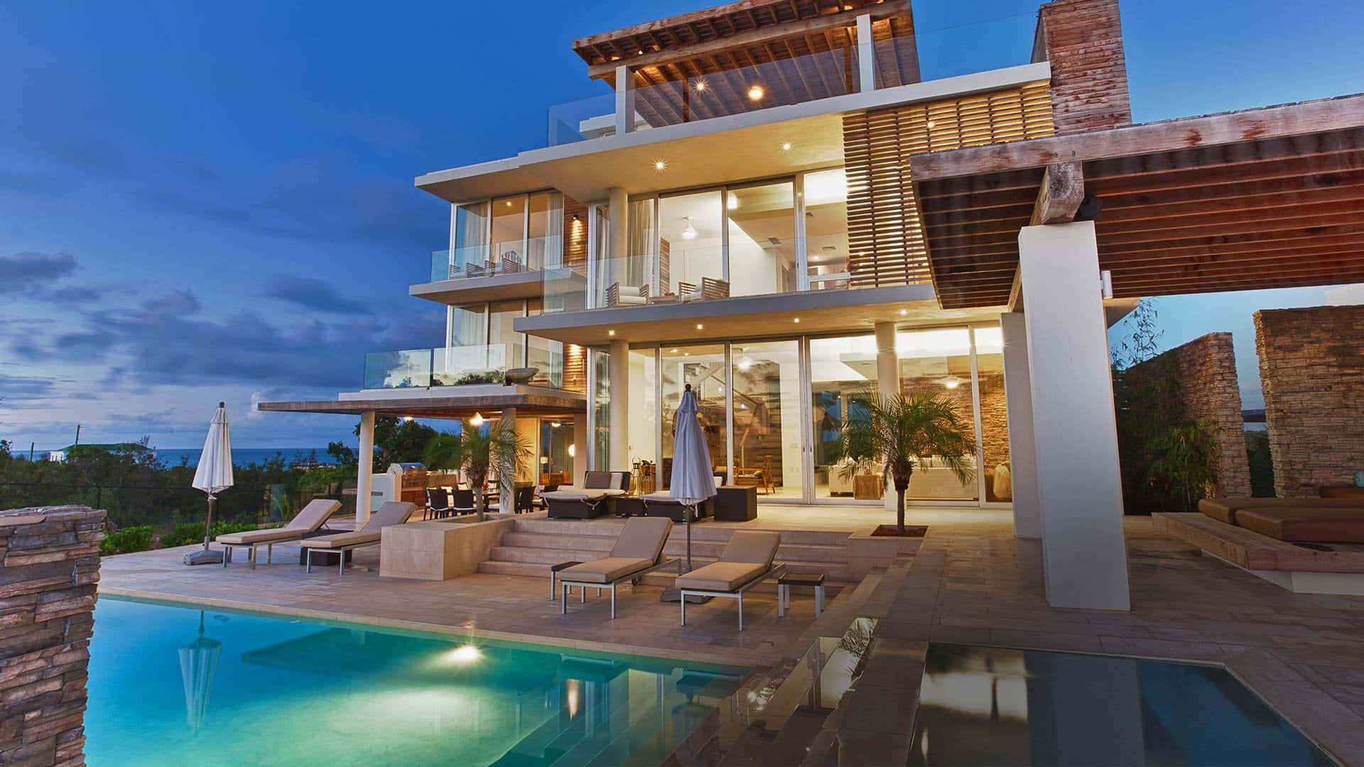 Caribbean, three-story luxury house, glass walls, Full HD Desktop Wallpaper
