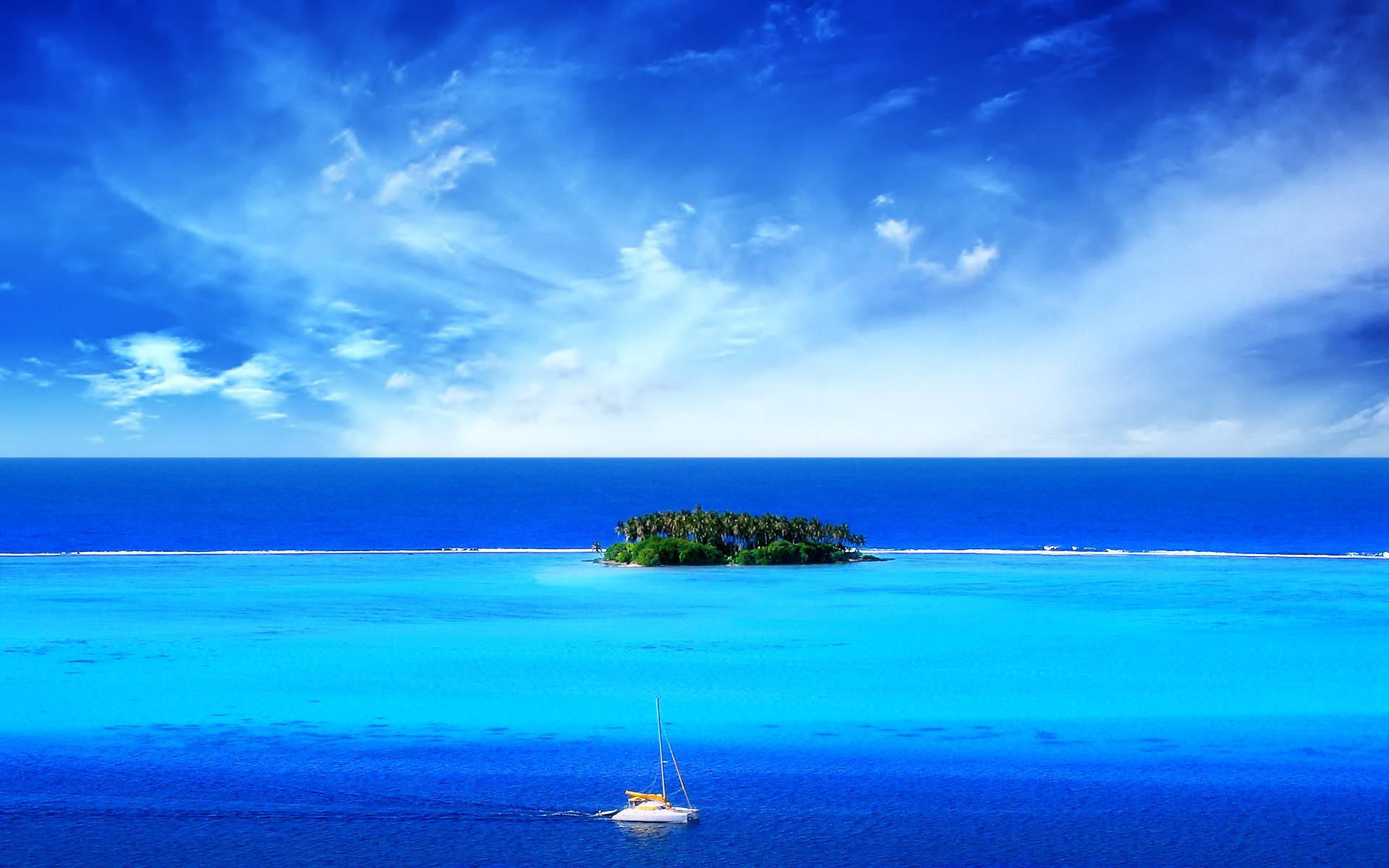 sailboat, turquoise waters, lush green tropical island, Full HD Desktop Wallpaper