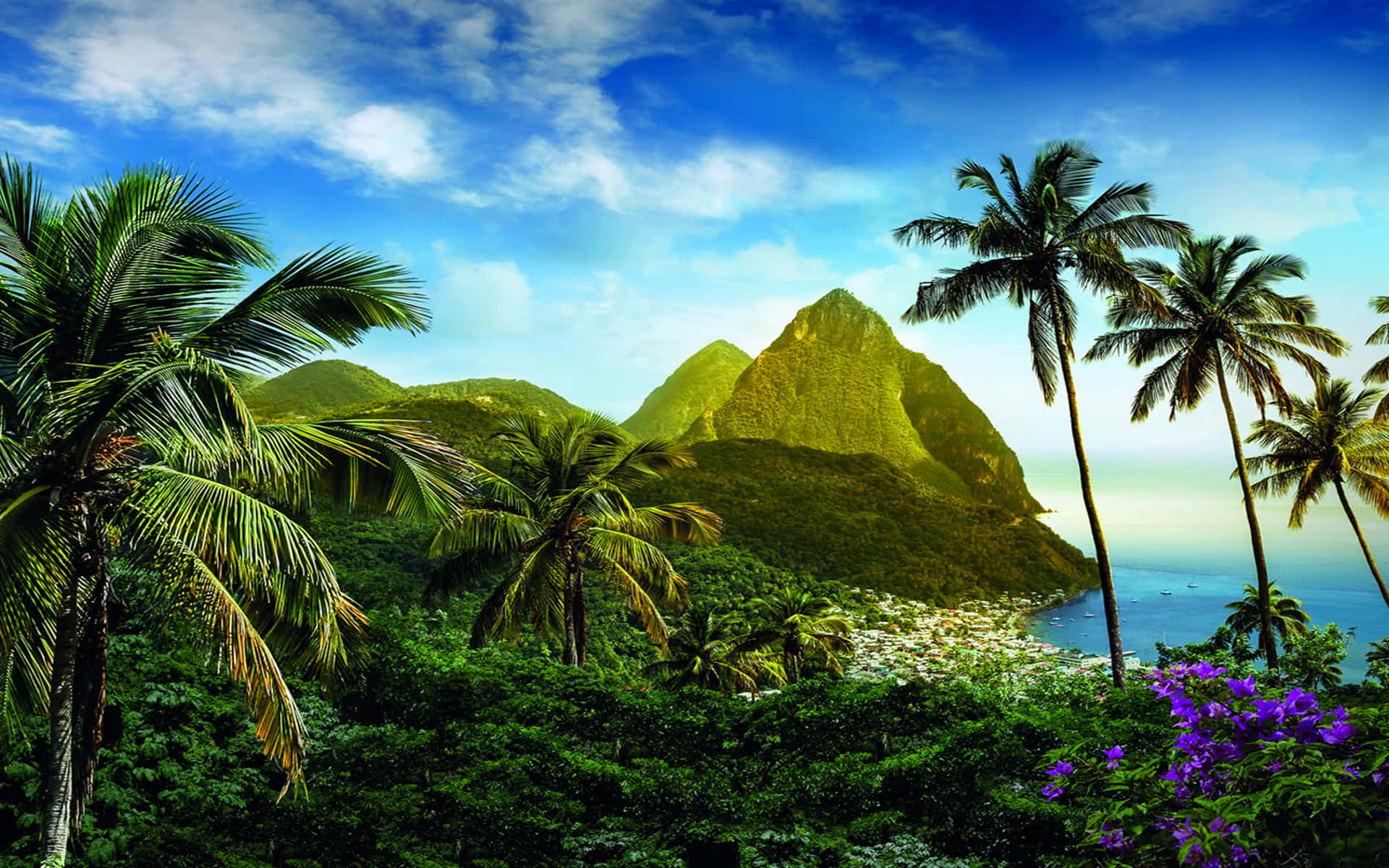 Caribbean paradise view, tropical paradise, lush palm trees, Full HD Desktop Wallpaper