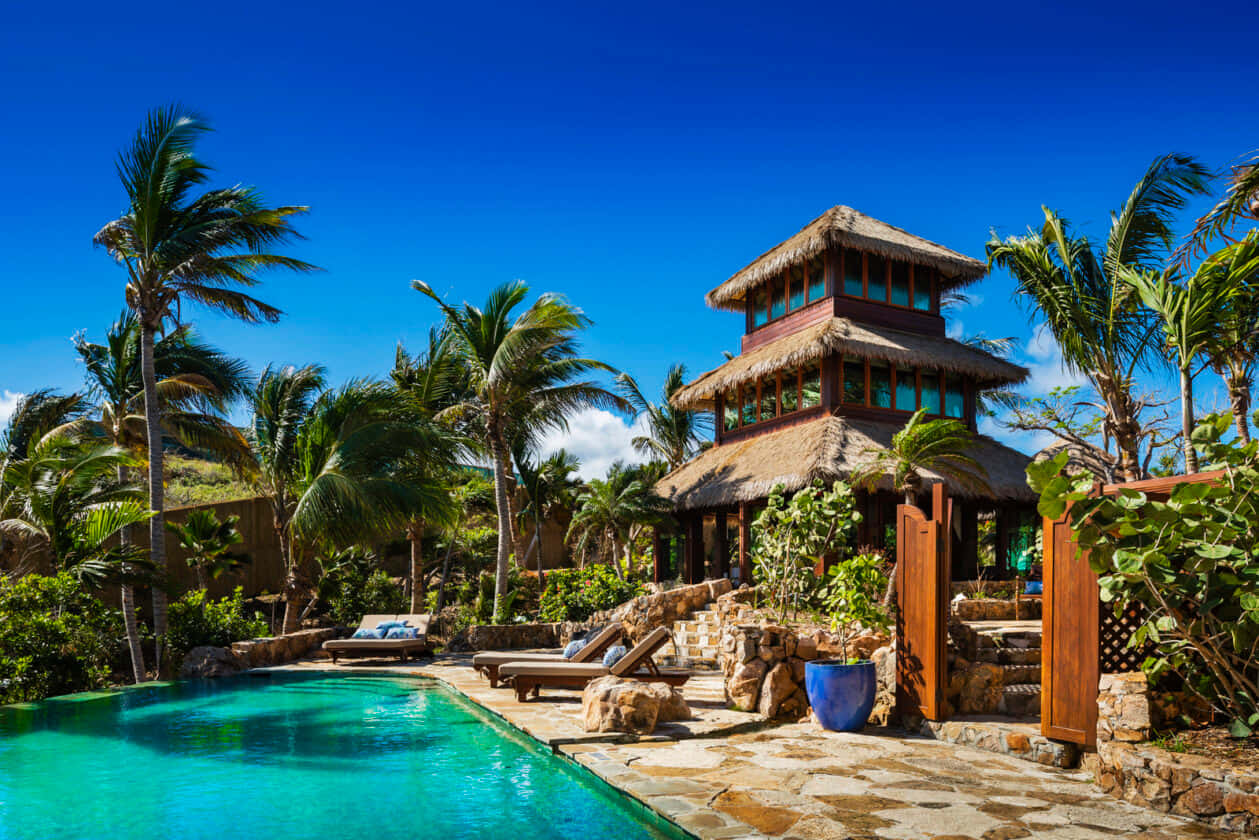 Caribbean Island, thatched roof, stone pool, SD Desktop Wallpaper