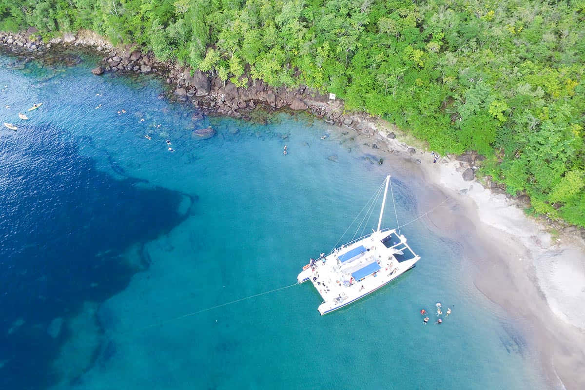 Caribbean Island, white catamaran, turquoise waters, SD Desktop Wallpaper