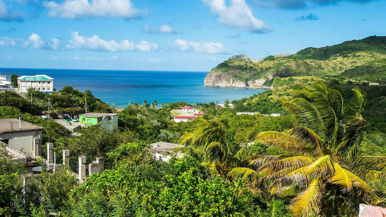 Caribbean Island, tropical coastal village, lush green hills, HD Desktop Wallpaper