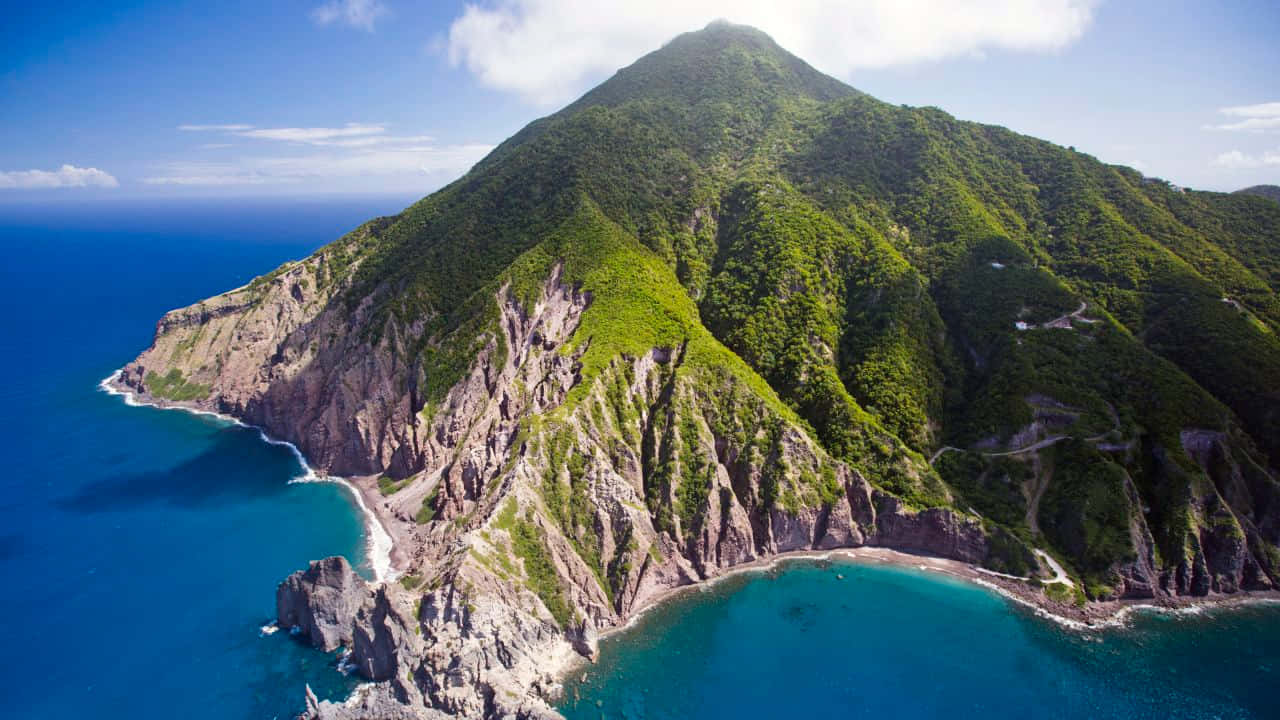 Caribbean Island, lush green mountain, vibrant turquoise ocean, HD Desktop Wallpaper