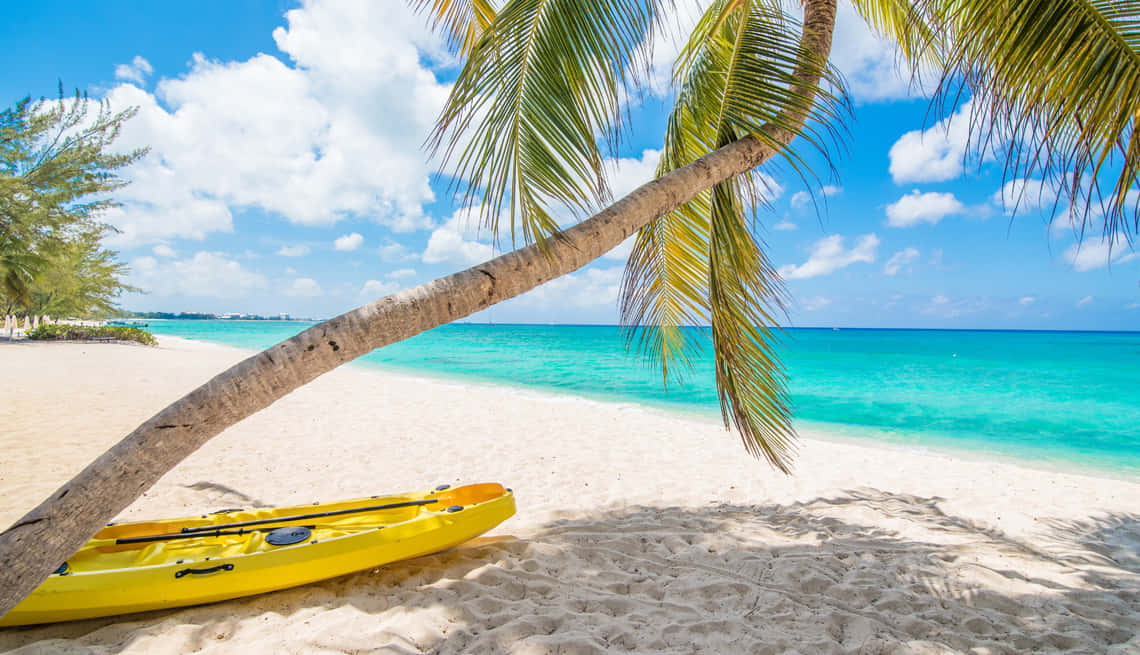 Caribbean Island, bright yellow kayak, white sand, SD Desktop Wallpaper