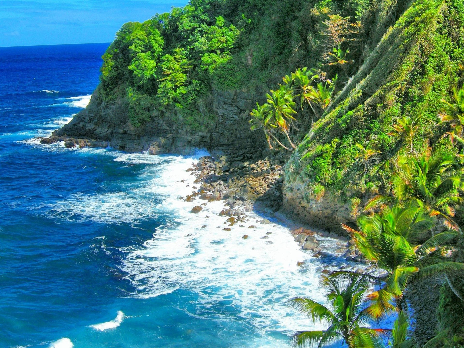 Caribbean coastline, turquoise waves, rocky shores, Full HD Desktop Wallpaper