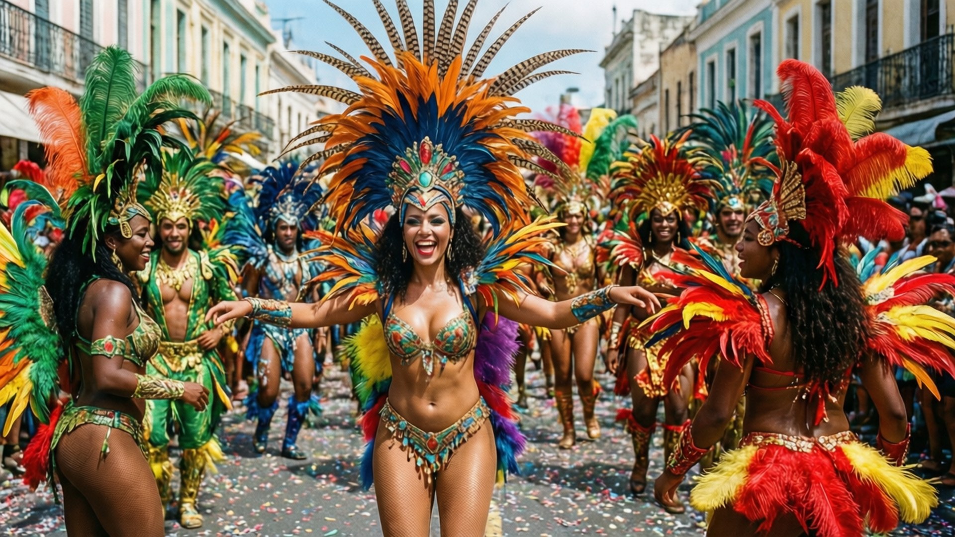 Caribbean, carnival dancers, elaborate feathered costumes, Full HD Desktop Wallpaper