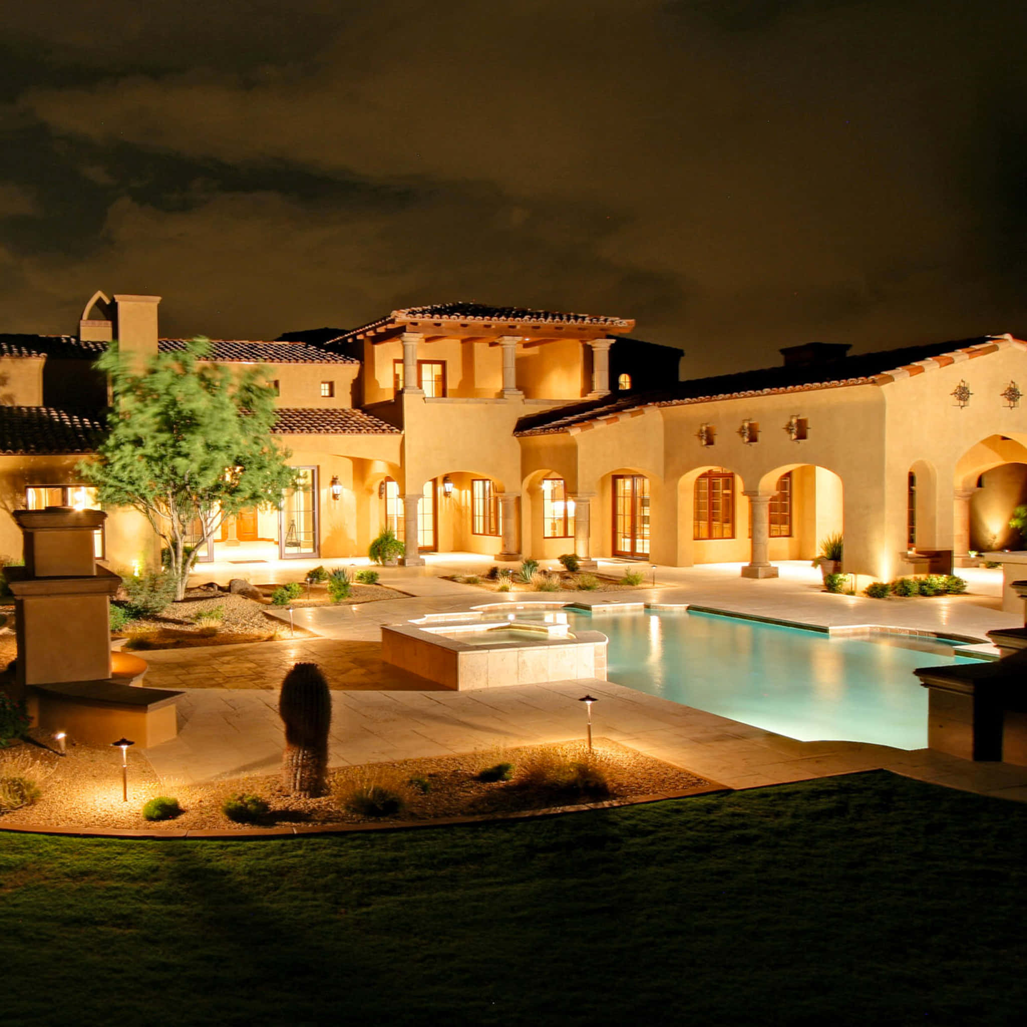 Mediterranean-style mansion, pool, ambient lights, Full HD Desktop Wallpaper