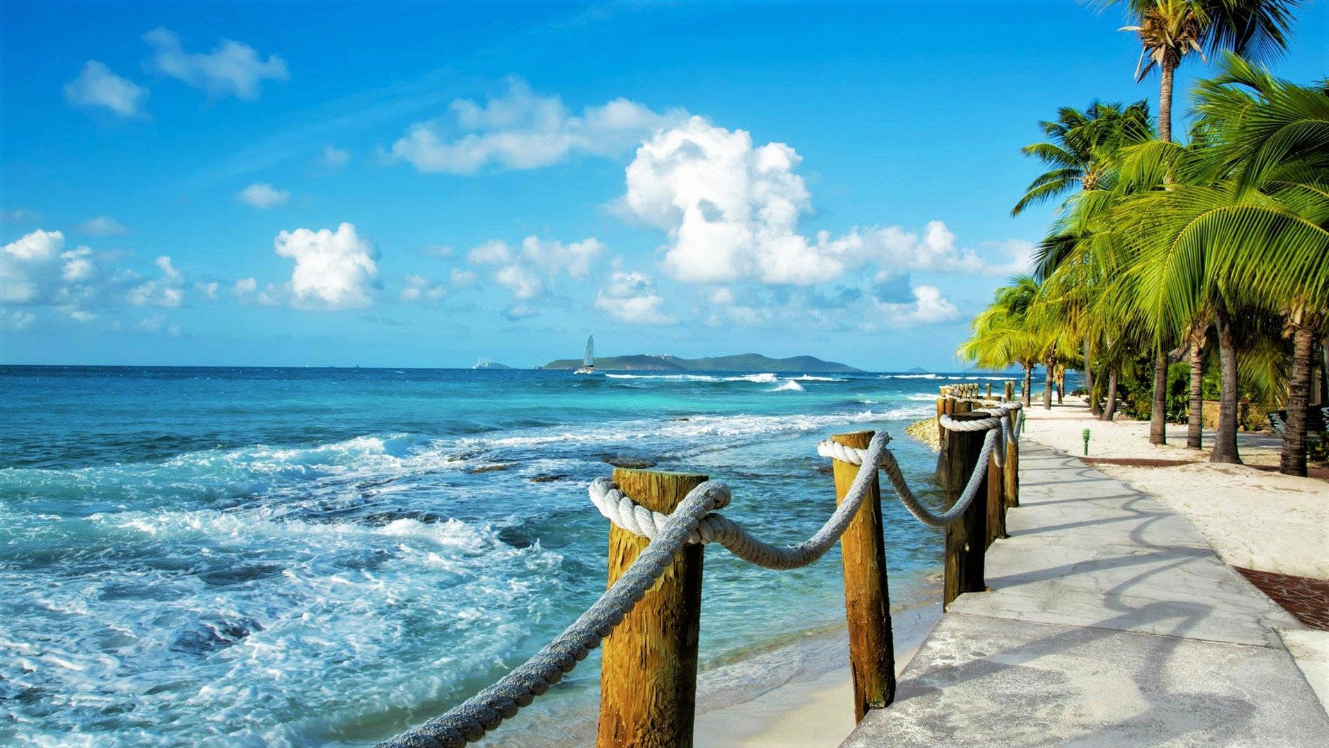 Caribbean, turquoise waves, wooden rope railing, Full HD Desktop Wallpaper