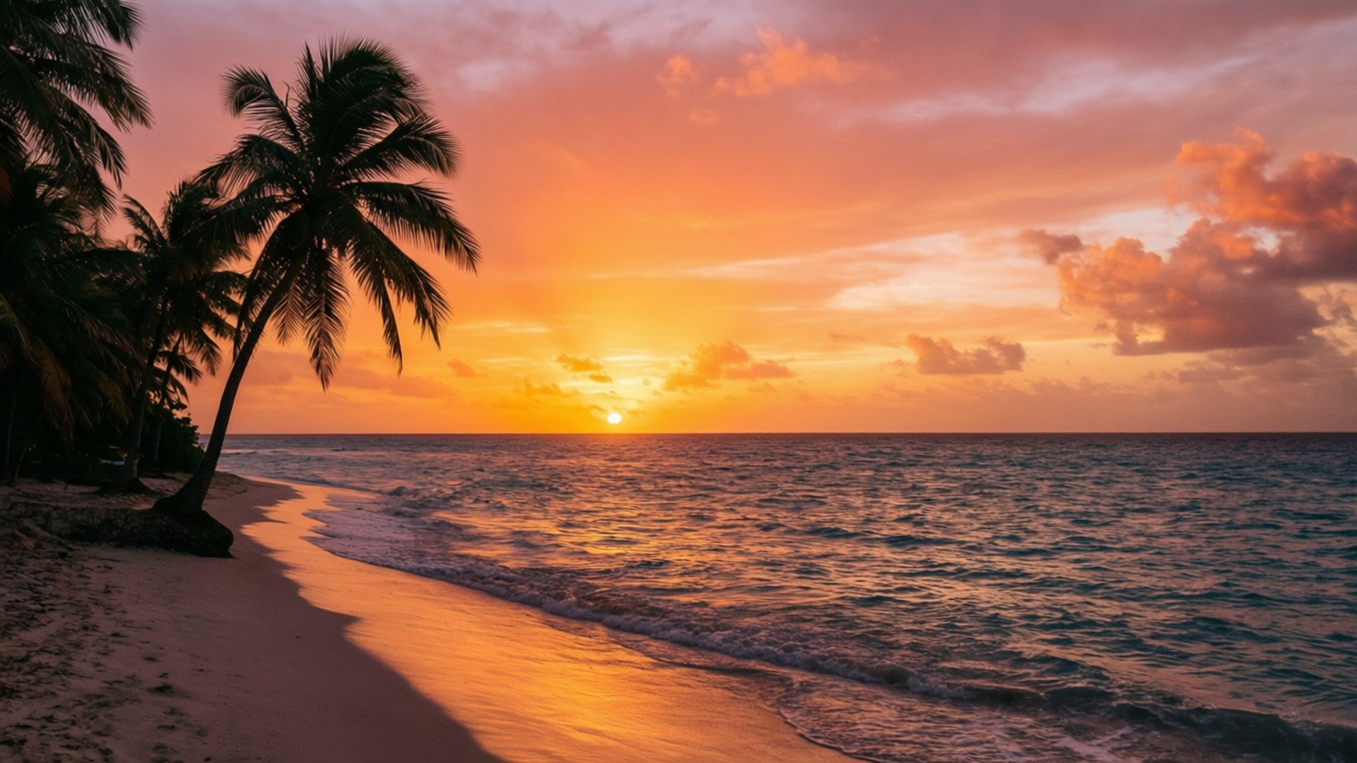 Caribbean, sunset, palm trees, Full HD Desktop Wallpaper