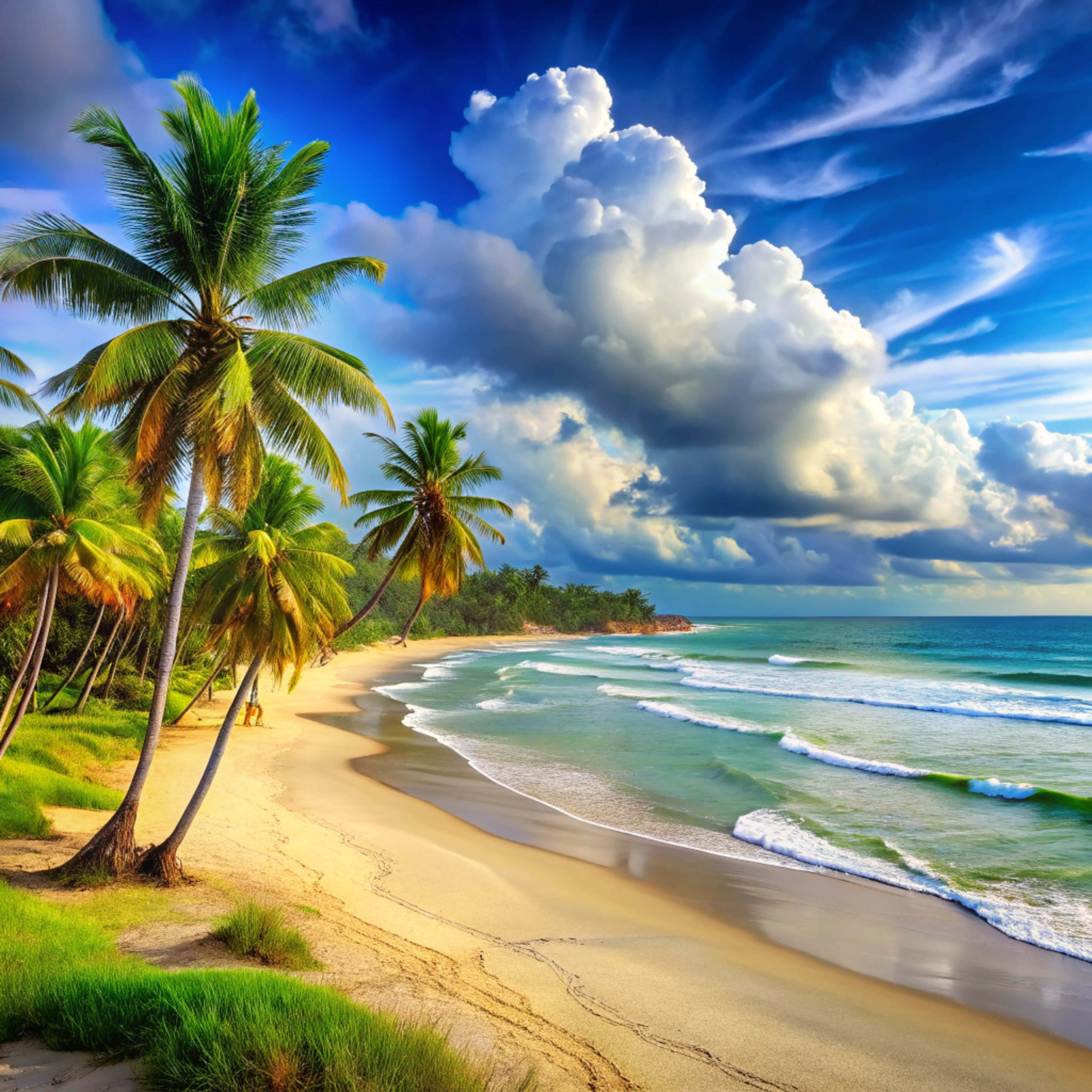 tropical beach, palm trees, dramatic blue sky, 8K Desktop Wallpaper