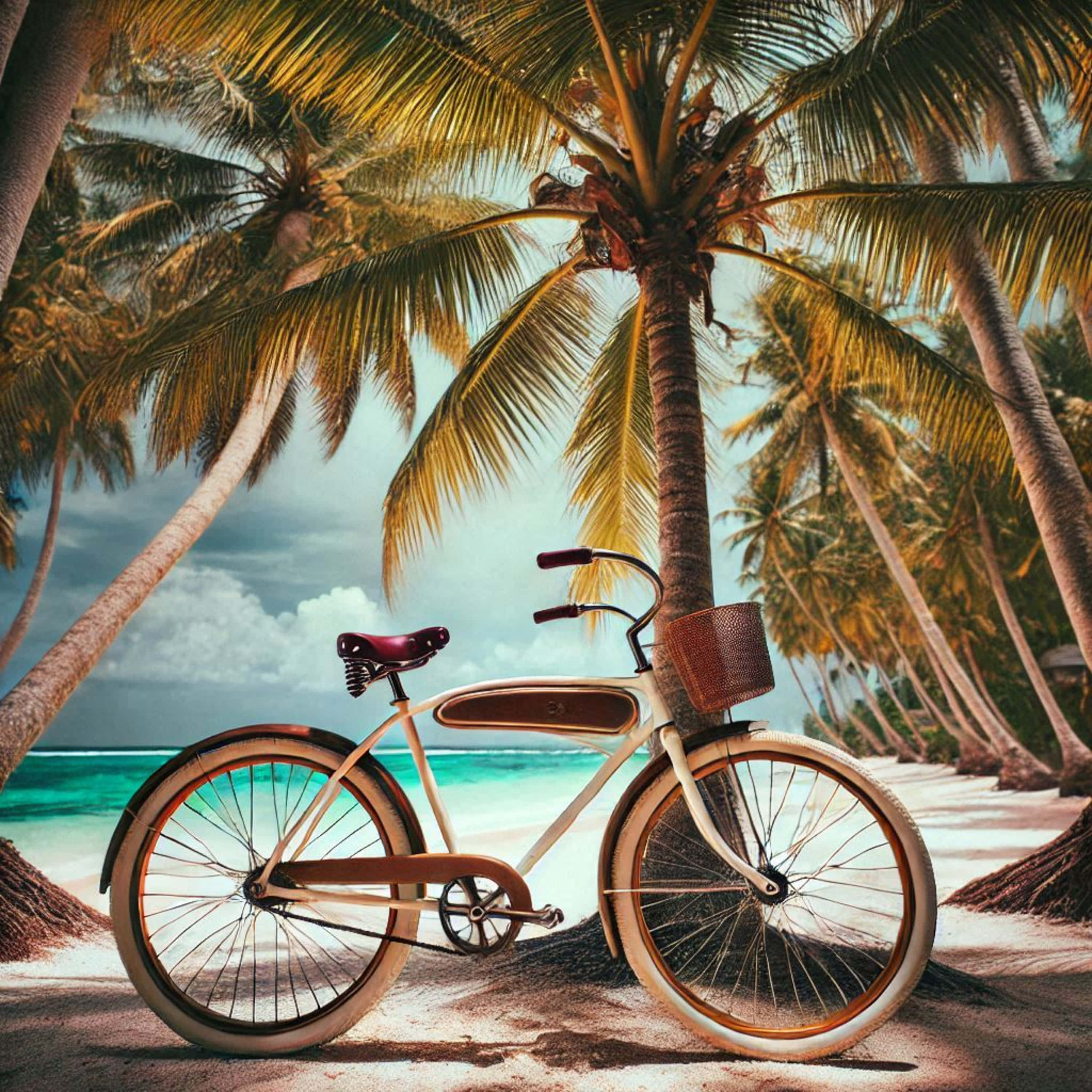 vintage cream bicycle, wicker basket, palm tree, 2K Desktop Wallpaper