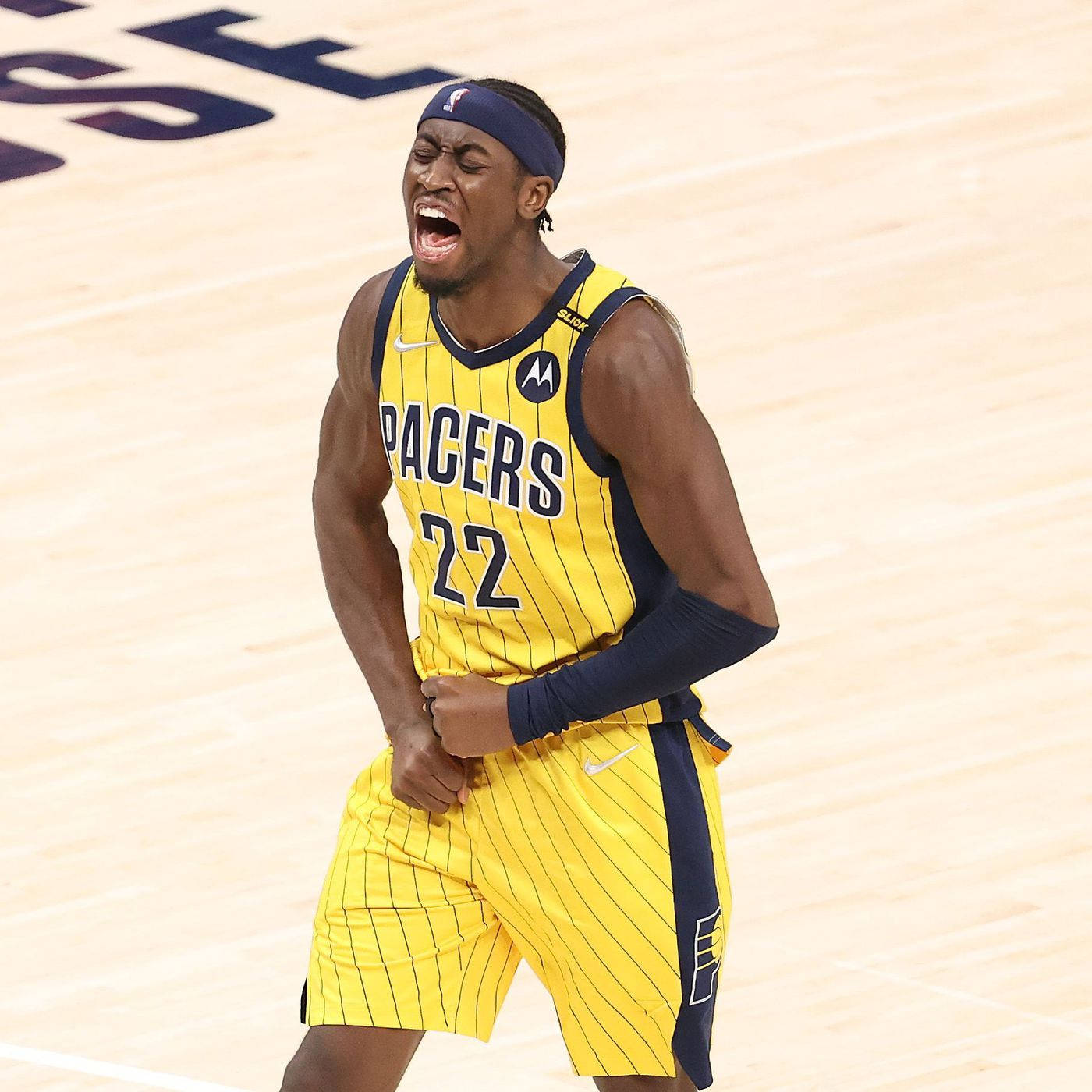 Caris Levert, yellow Pacers uniform, wooden court, HD Desktop Wallpaper