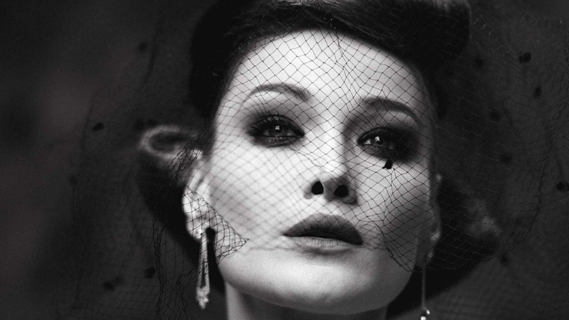 Carla Bruni, black and white portrait, dramatic makeup, Full HD Desktop Wallpaper