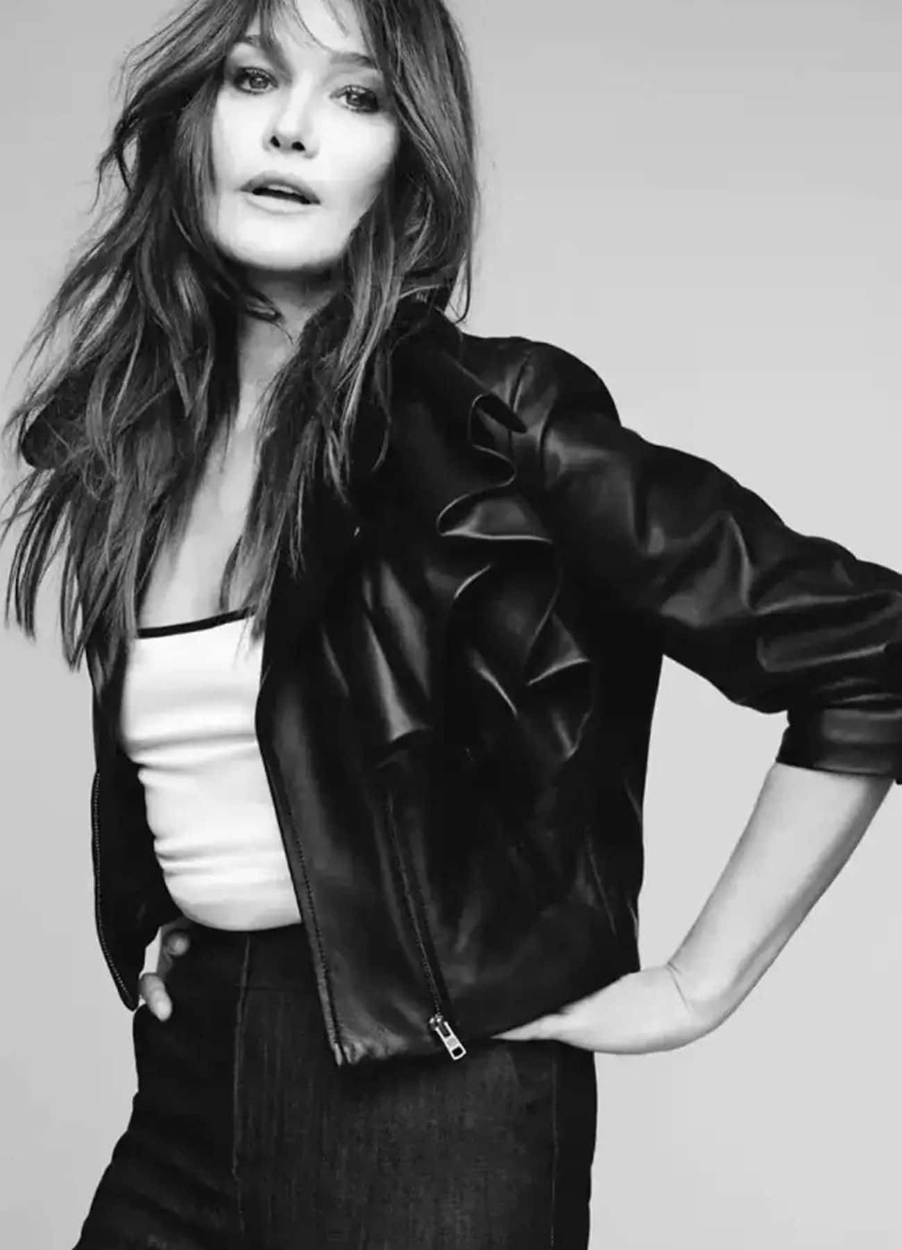 Carla Bruni, black leather jacket, white top, HD Phone Wallpaper