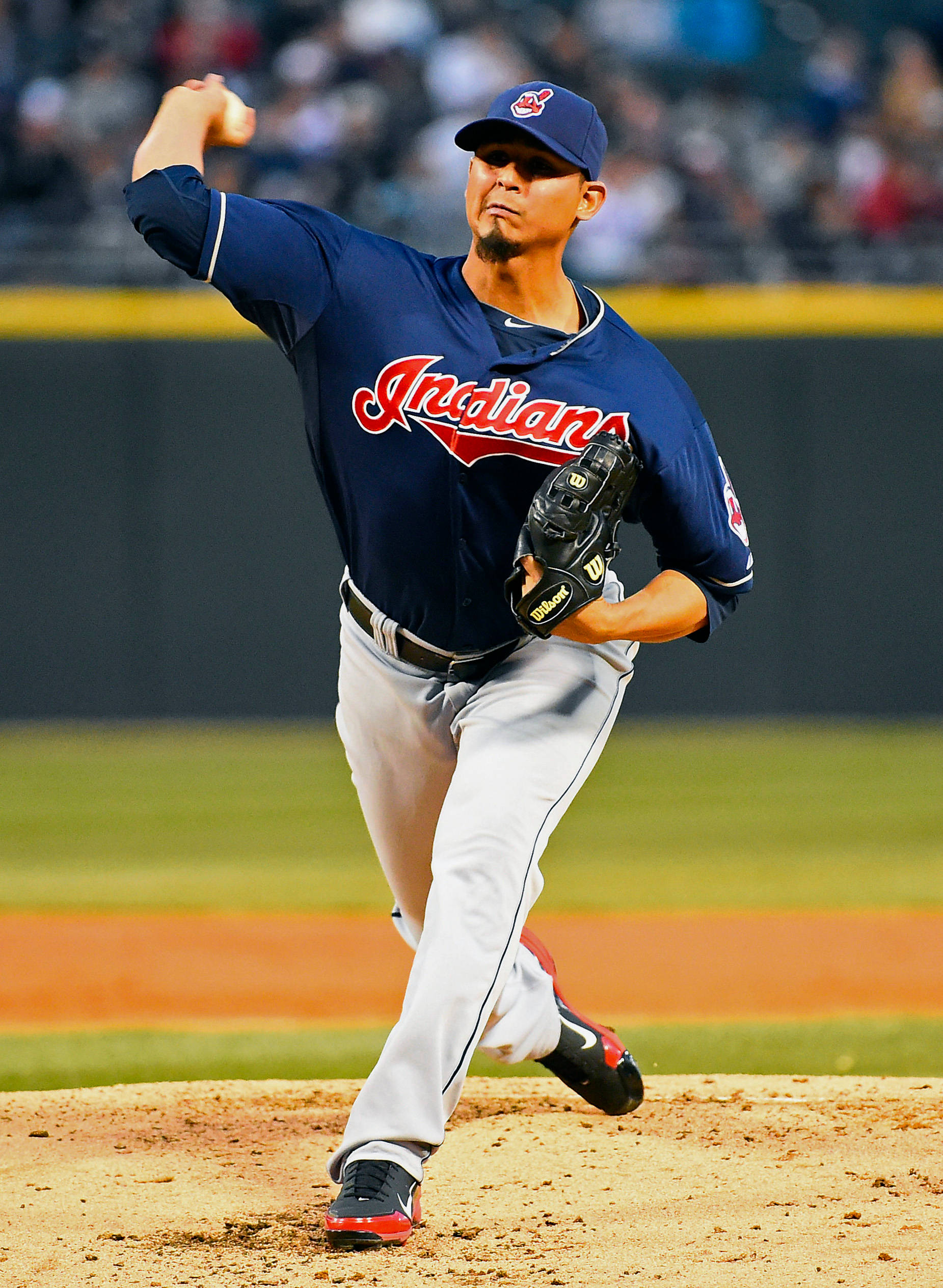 Carlos Carrasco, navy Indians uniform, sunlit mound, Full HD Phone Wallpaper