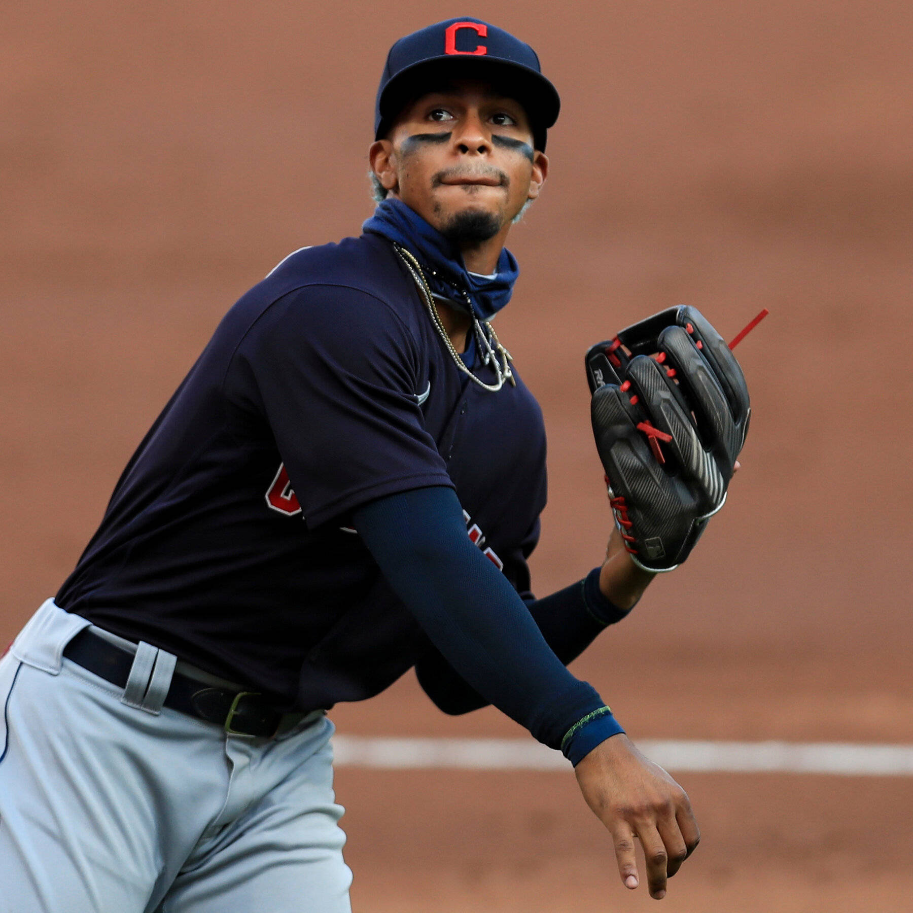 Carlos Carrasco, navy uniform, red 'C' cap, HD Desktop Wallpaper