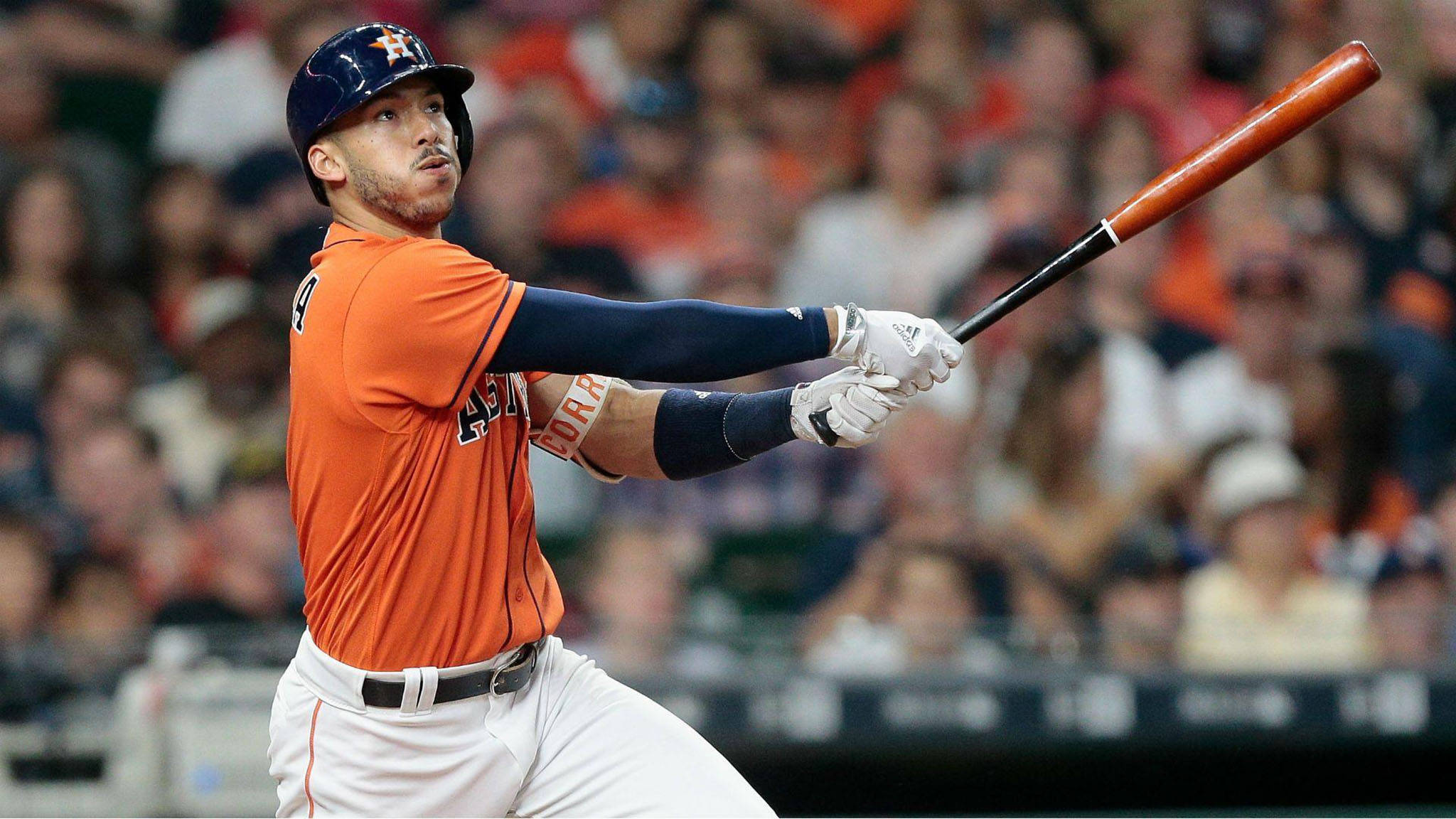 Carlos Correa, orange uniform, bat, Full HD Desktop Wallpaper