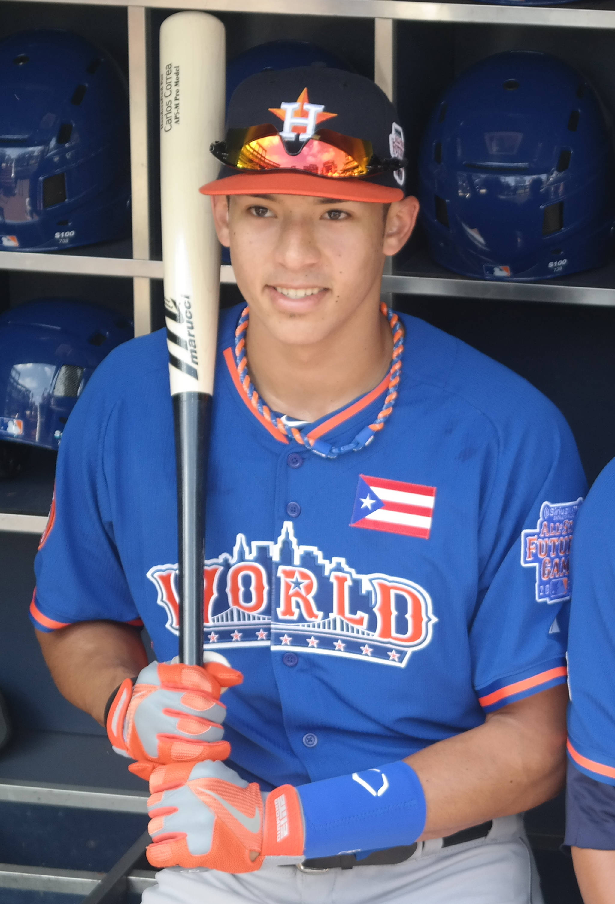 Carlos Correa, blue Puerto Rican World Baseball Classic jersey, bat, 2K Phone Wallpaper