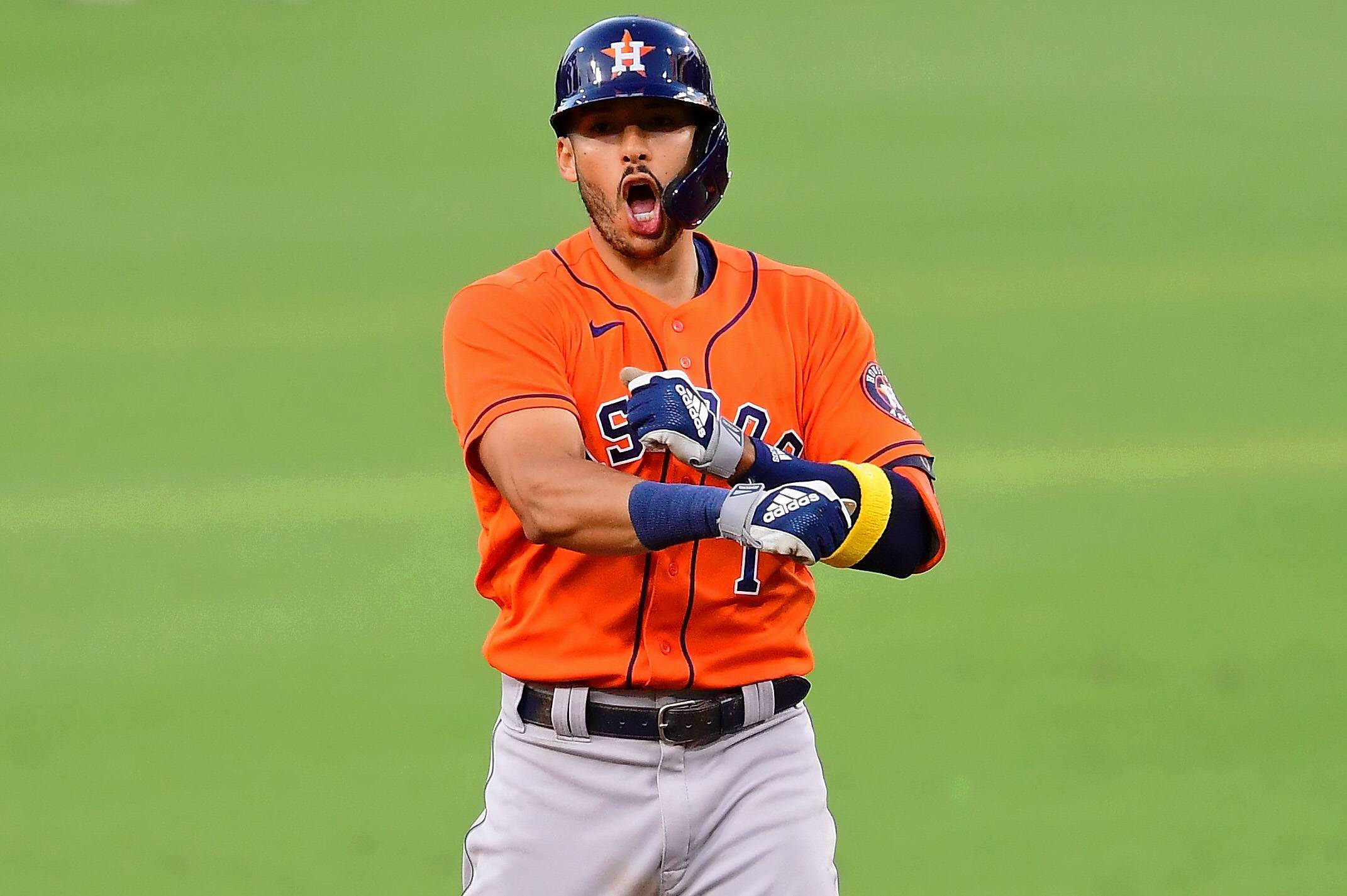 Carlos Correa, orange jersey, green field, Full HD Desktop Wallpaper