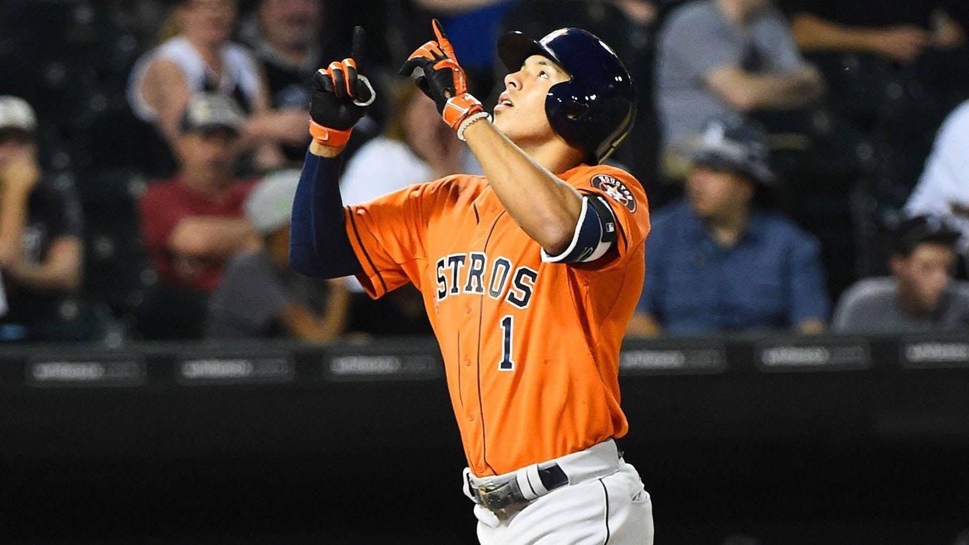 Carlos Correa, orange Astros jersey, stadium lights, Full HD Desktop Wallpaper