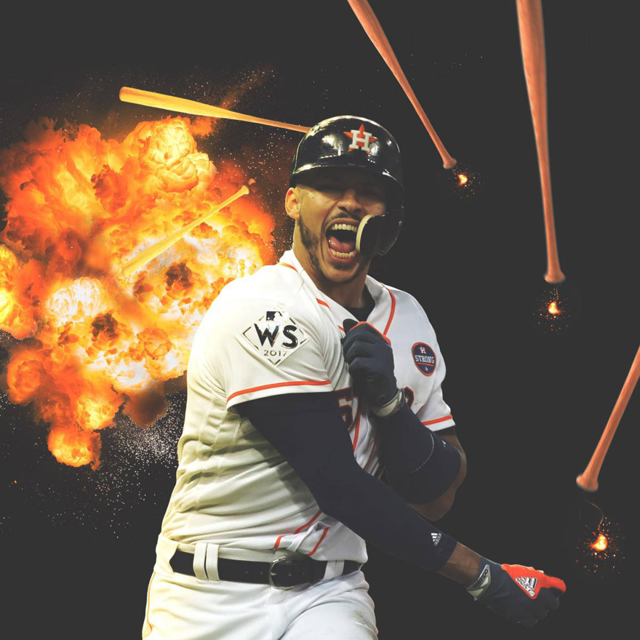 Carlos Correa, bat explosion, white uniform, Full HD Desktop Wallpaper