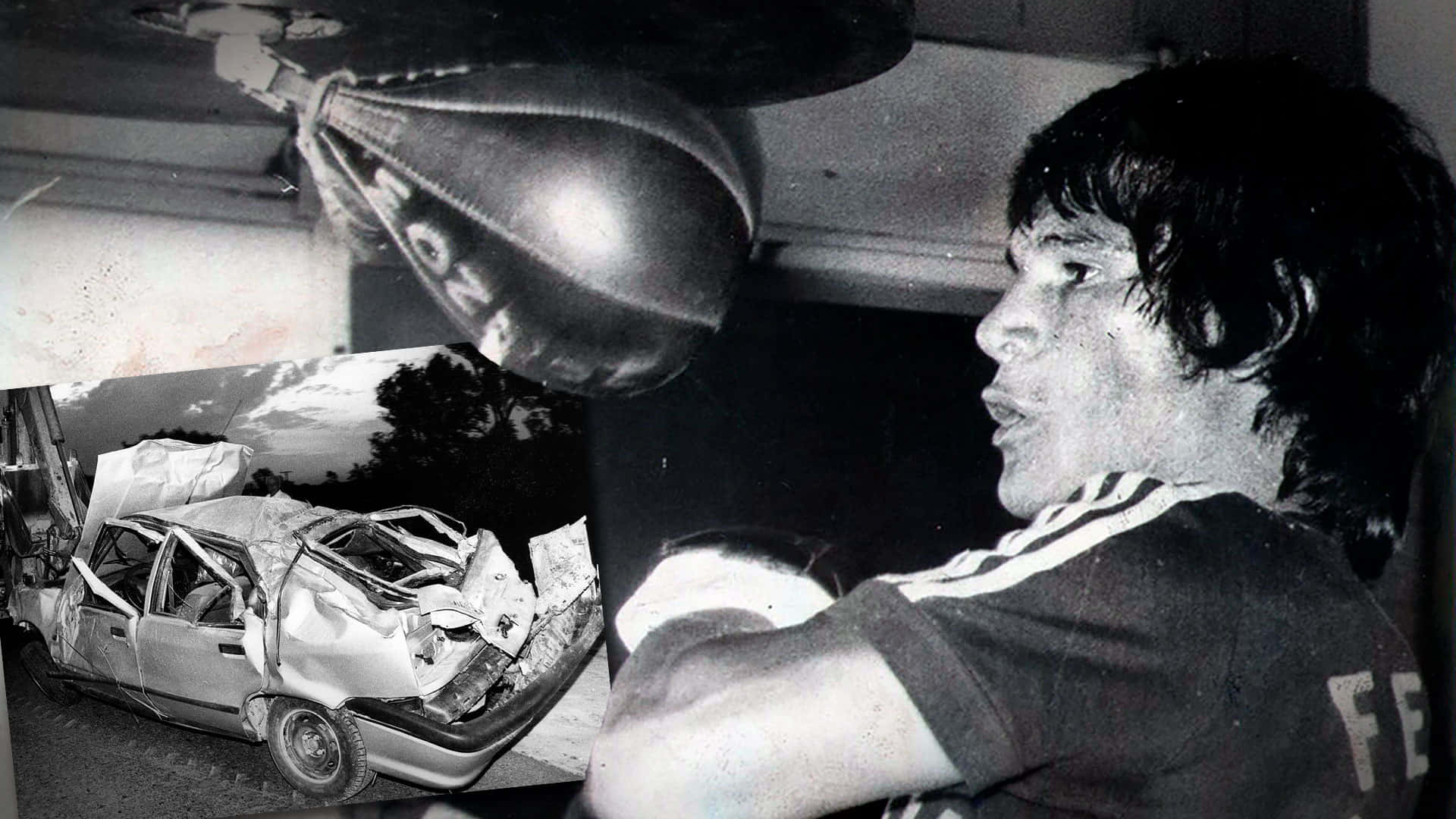 Carlos Monzon, heavy bag, wrecked car, Full HD Desktop Wallpaper