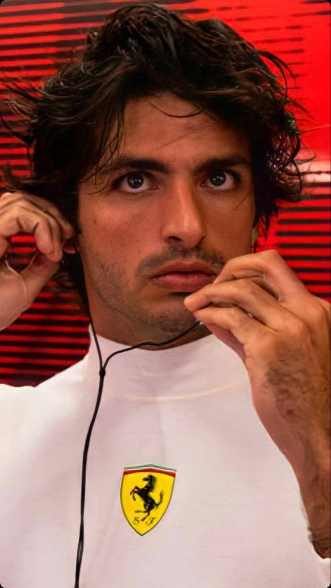 Carlos Sainz Jr, white Ferrari racing suit, earphones, SD Phone Wallpaper