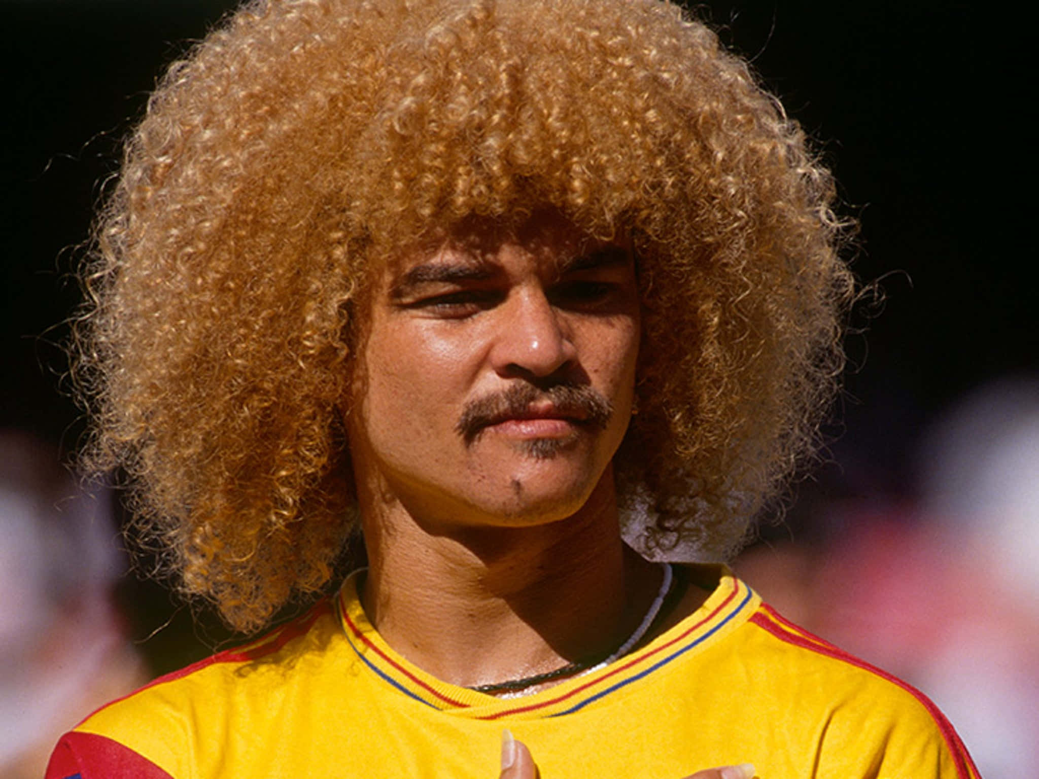 Carlos Valderrama, voluminous curly blonde wig, mustache, Full HD Desktop Wallpaper