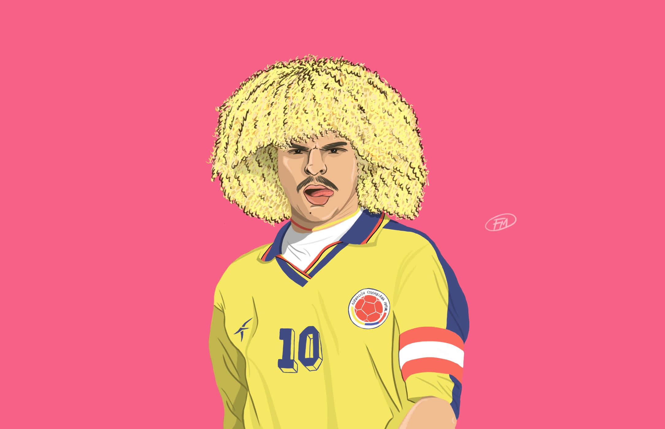 Carlos Valderrama, yellow number 10 jersey, giant curly blonde wig, Full HD Desktop Wallpaper