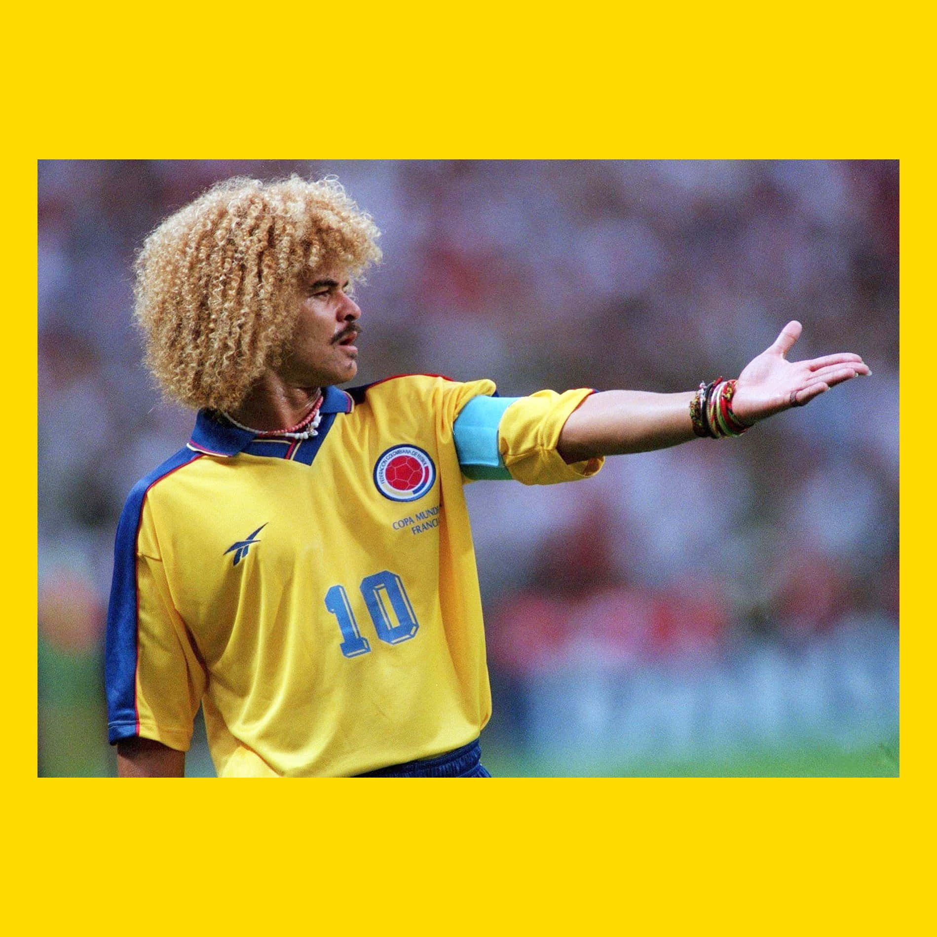 Carlos Valderrama, yellow Colombia jersey, stadium field, HD Desktop Wallpaper