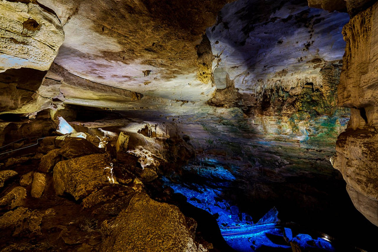 Carlsbad Caverns, dark blue light, glowing blue pool, HD Desktop Wallpaper