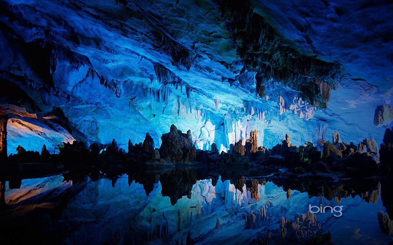 fluorescent blue cave, stalactites, stalagmites, HD Desktop Wallpaper