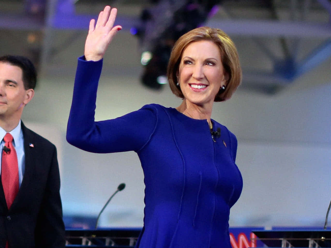 Carly Fiorina, royal blue dress, political debate stage, HD Desktop Wallpaper