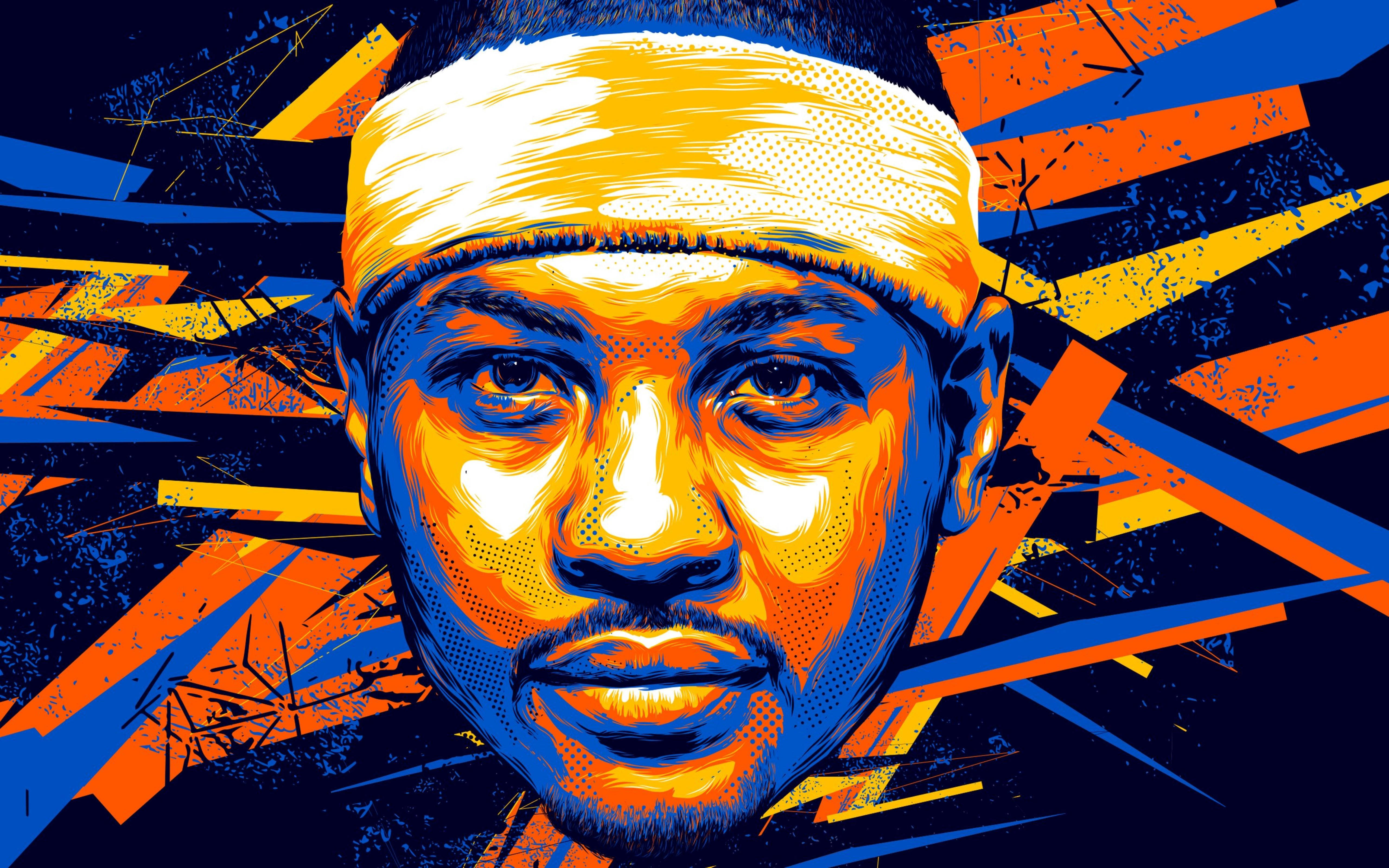 Carmelo Anthony, yellow headband, blue and orange abstract background, 5K Desktop Wallpaper