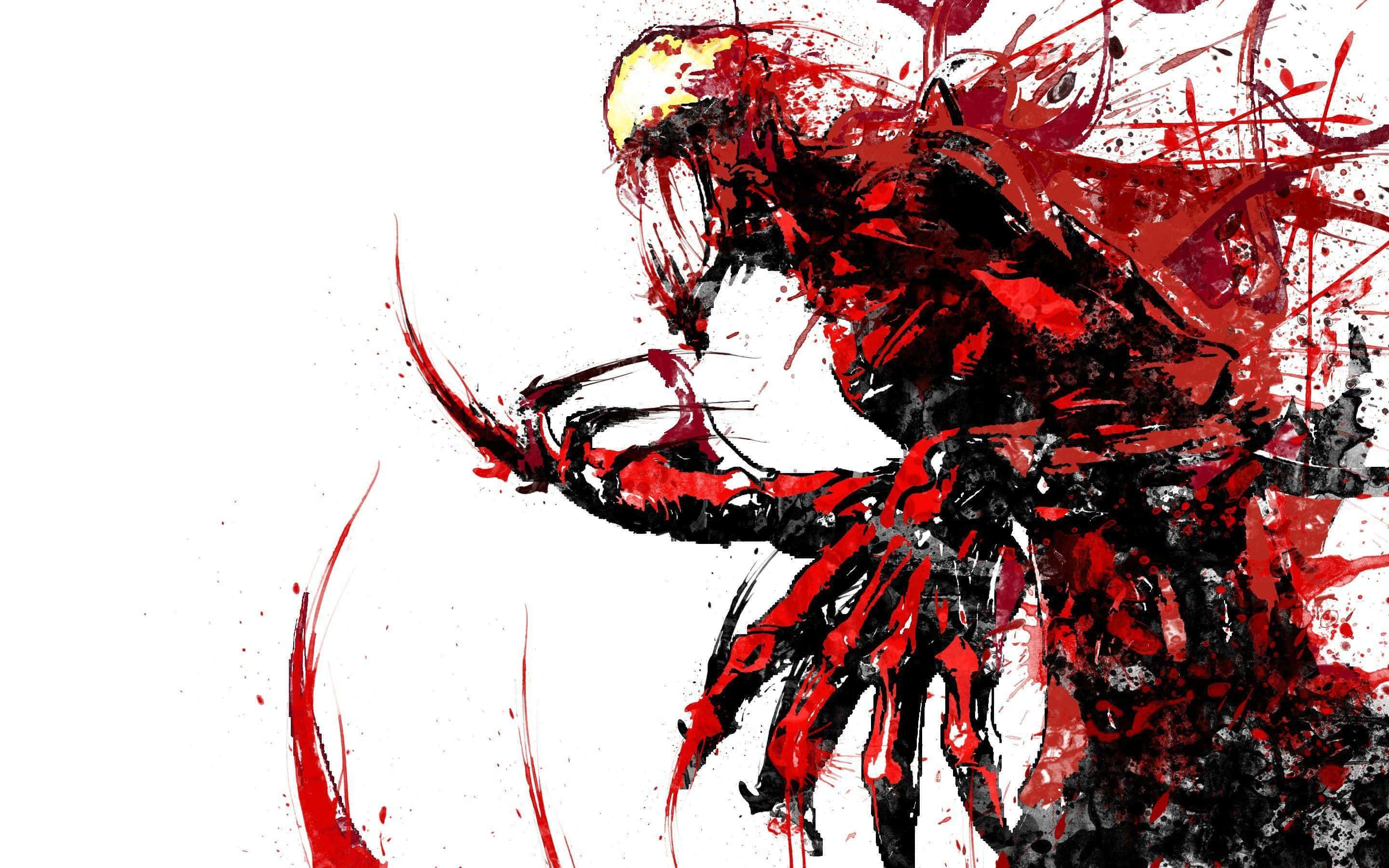 Carnage USA, red and black splatter paint effects, anime-style warrior, 2K Desktop Wallpaper
