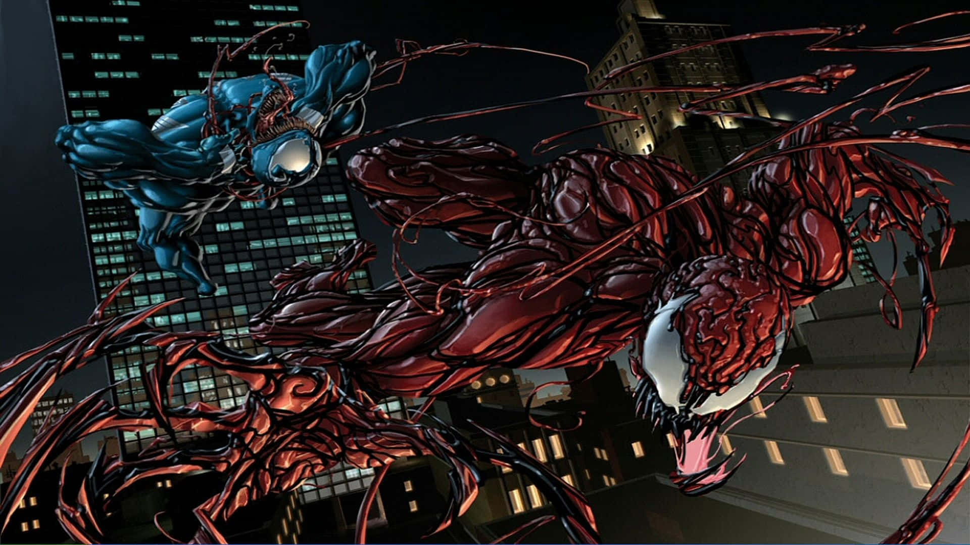 Carnage USA, symbiote heroes, nighttime cityscape, Full HD Desktop Wallpaper