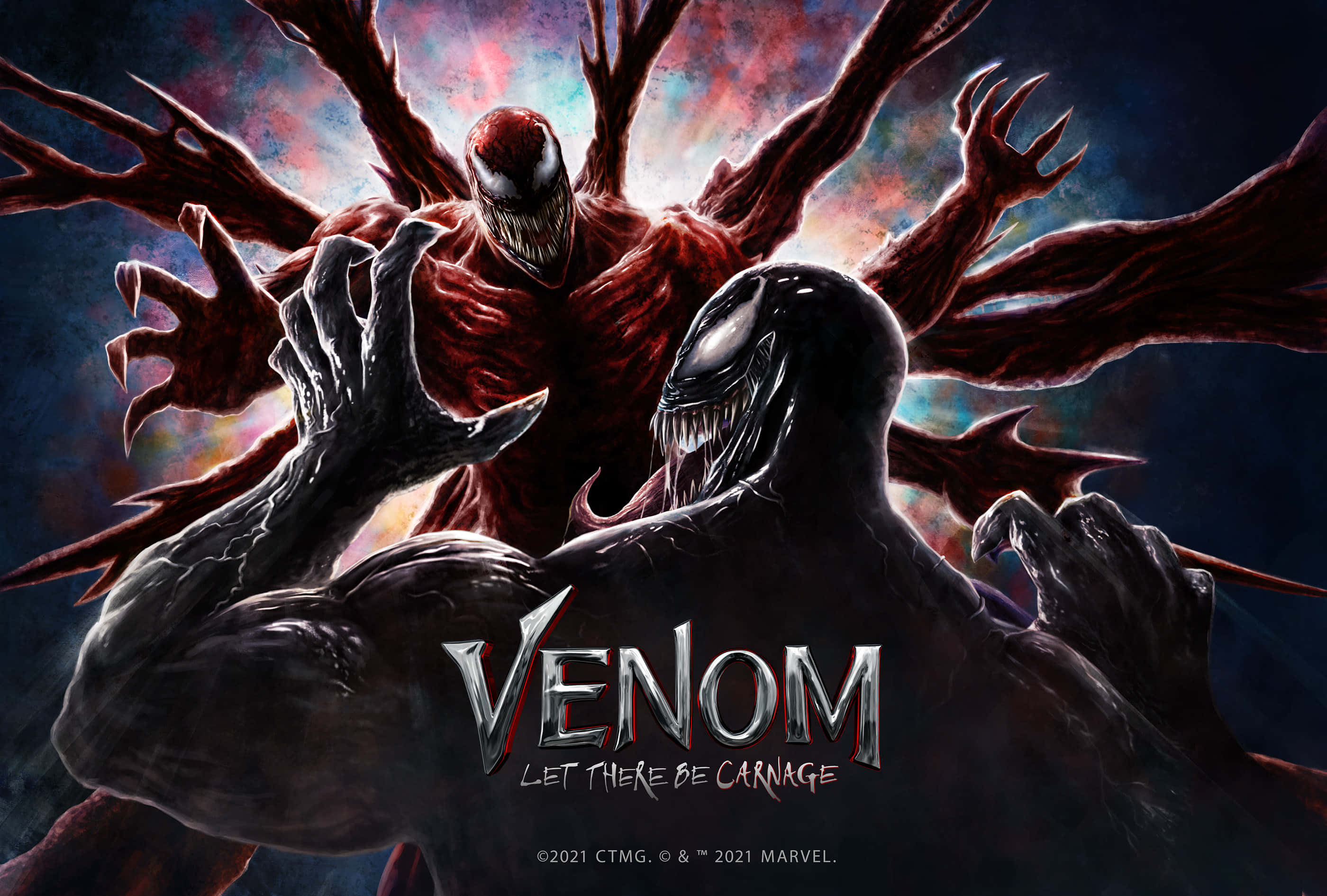 Carnage, Venom, glowing red and black symbiotes, 2K Desktop Wallpaper