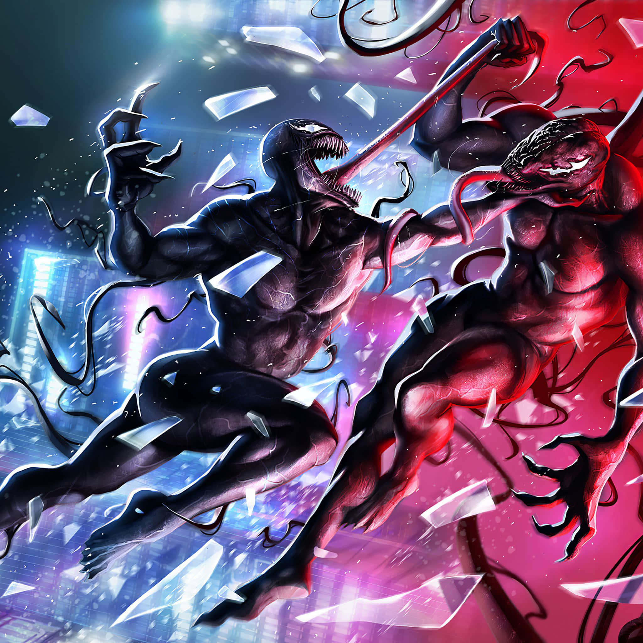 Carnage, Venom, neon-lit urban battleground, Full HD Desktop Wallpaper