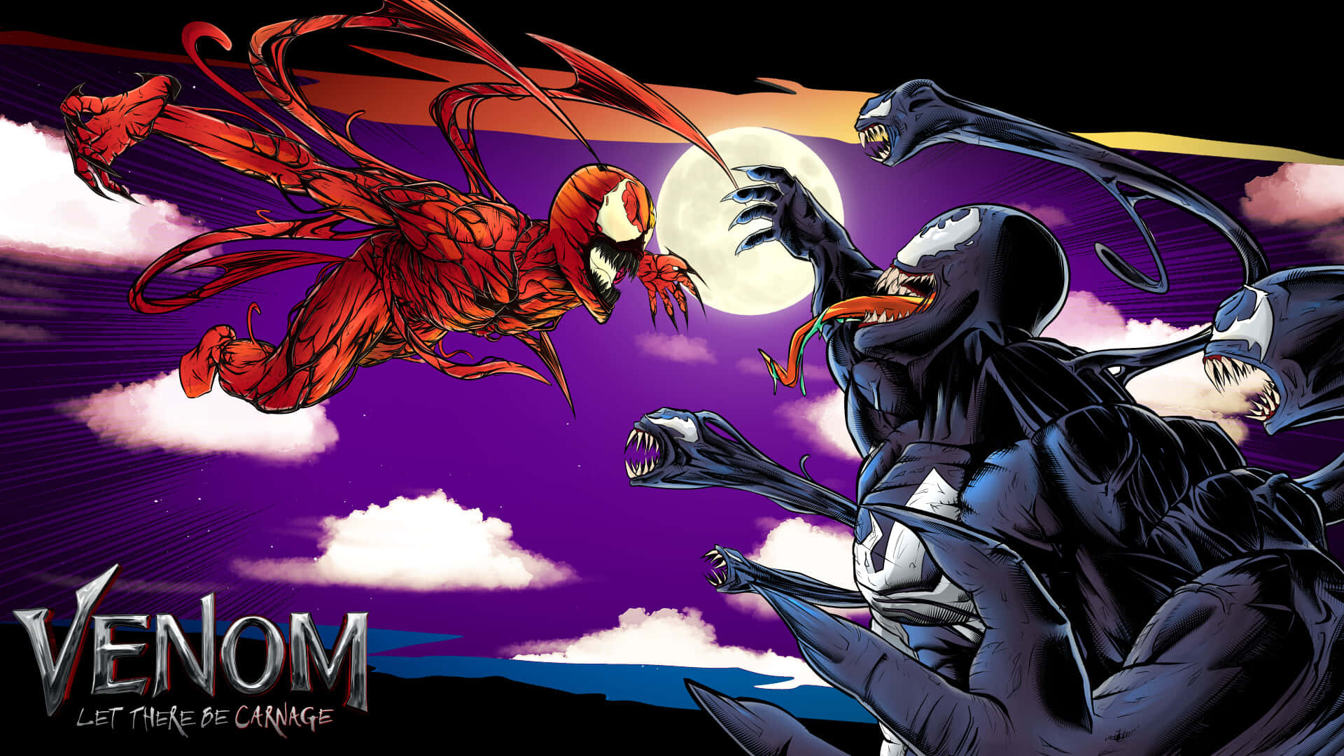 Carnage, Venom, purple sky, Full HD Desktop Wallpaper