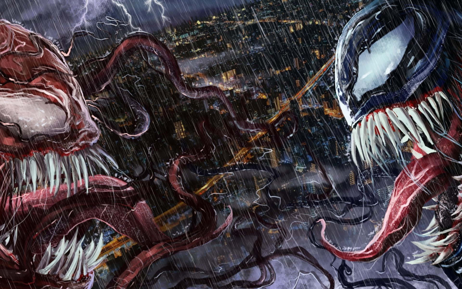 Carnage, Venom, rain-slicked cityscape, Full HD Desktop Wallpaper