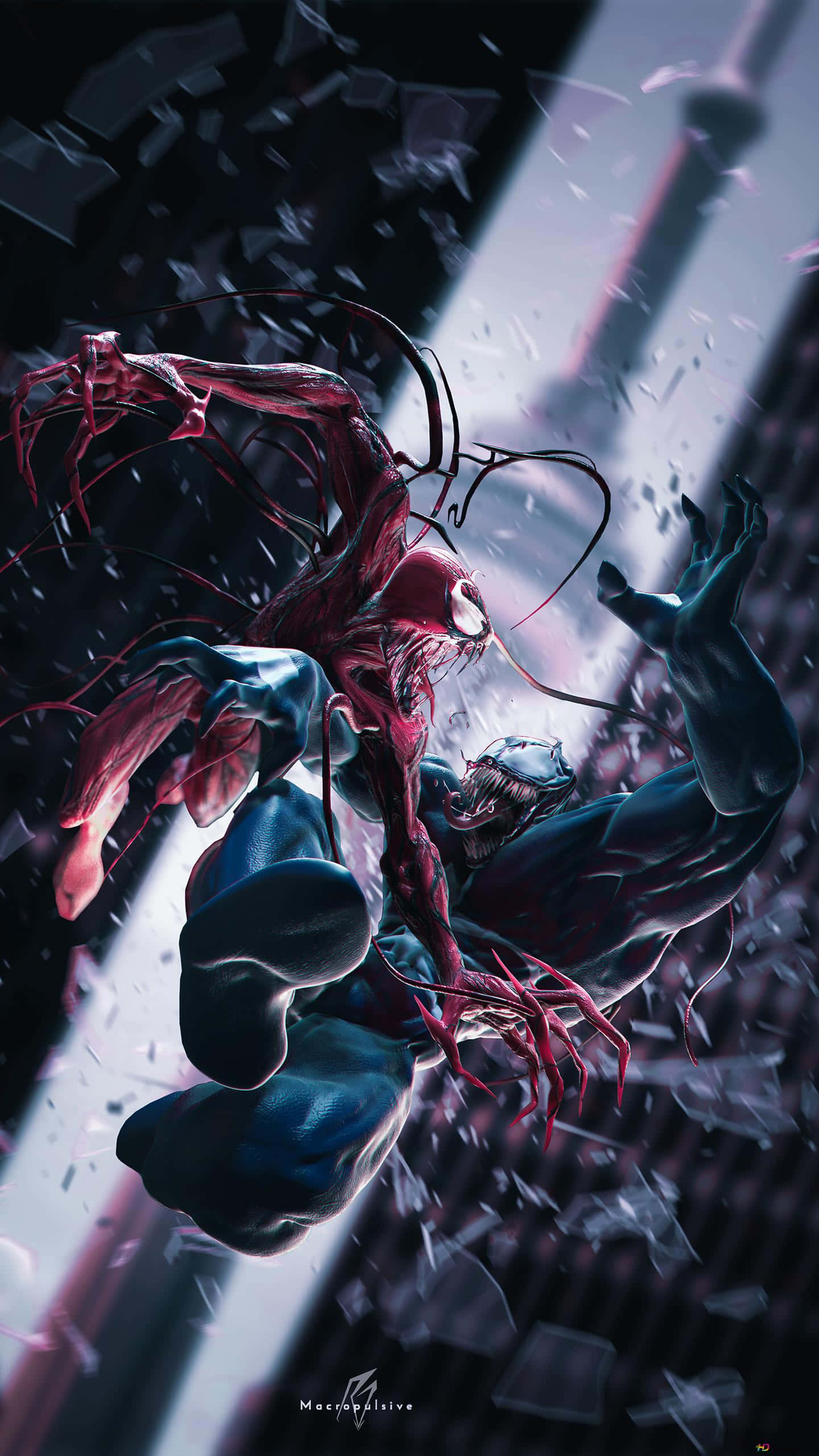 Venom, Carnage, shattered urban canyon, 2K Phone Wallpaper