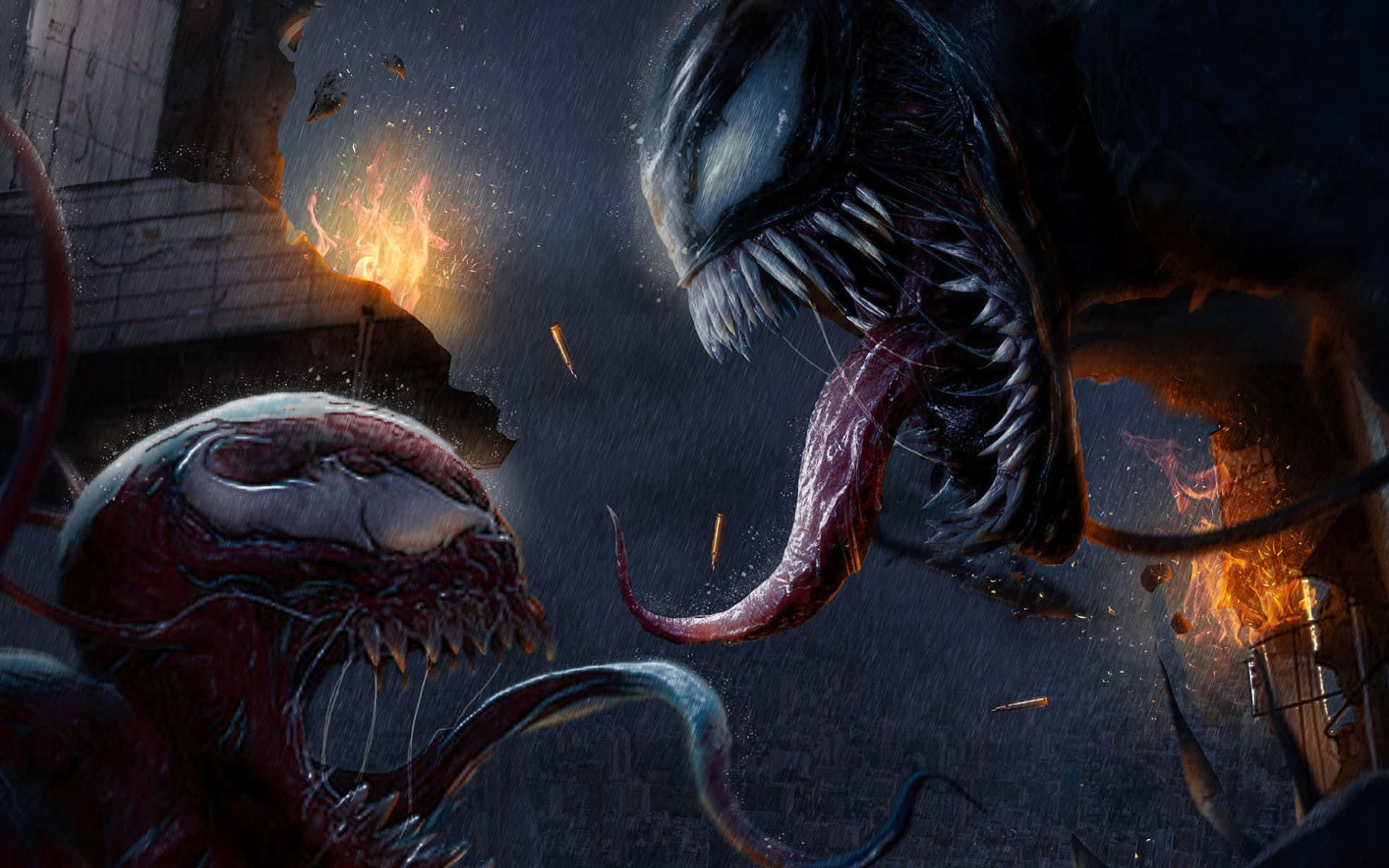 Carnage, Venom, fiery urban ruin, Full HD Desktop Wallpaper