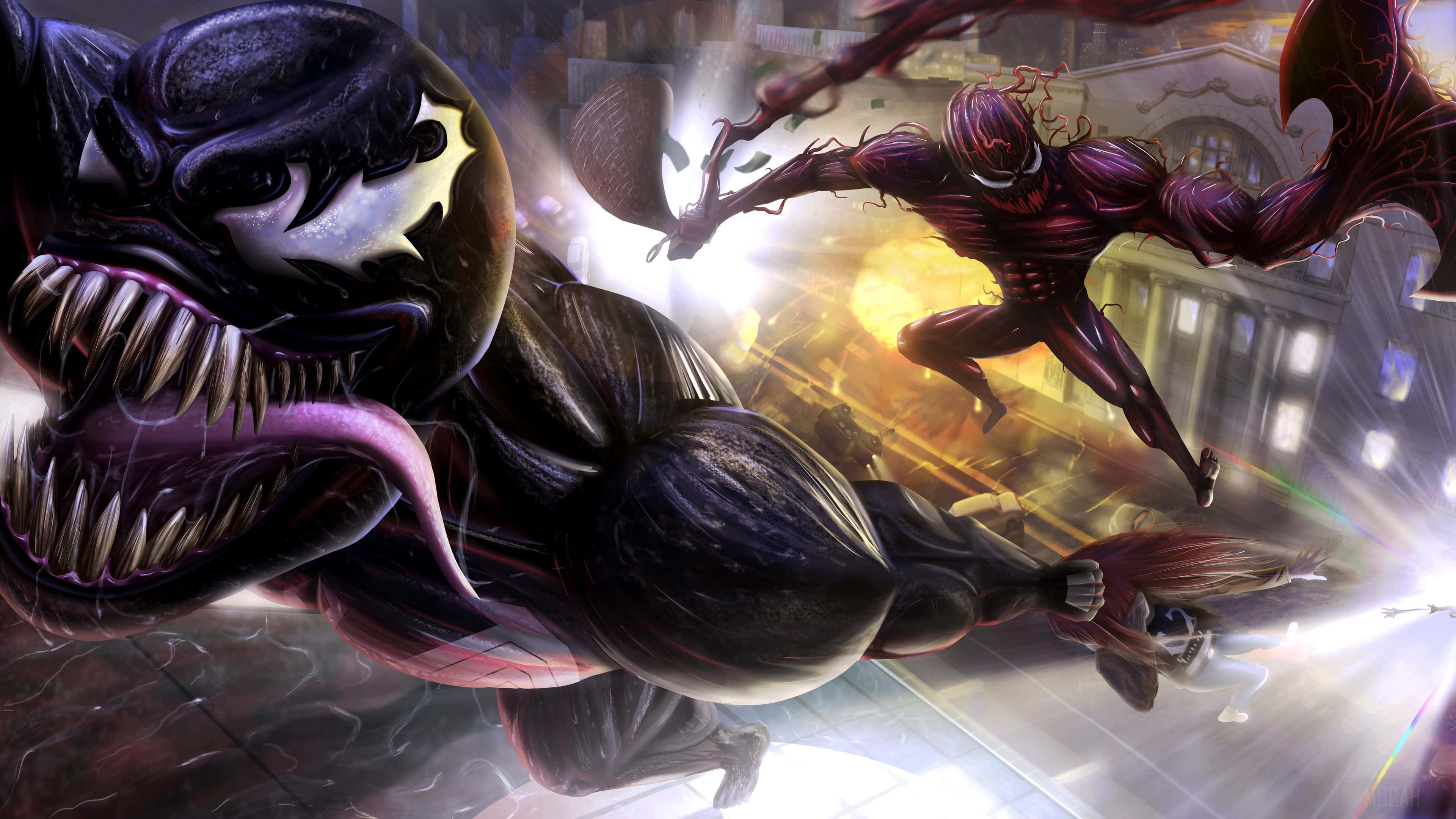 Carnage, Venom, urban battle, 4K Desktop Wallpaper