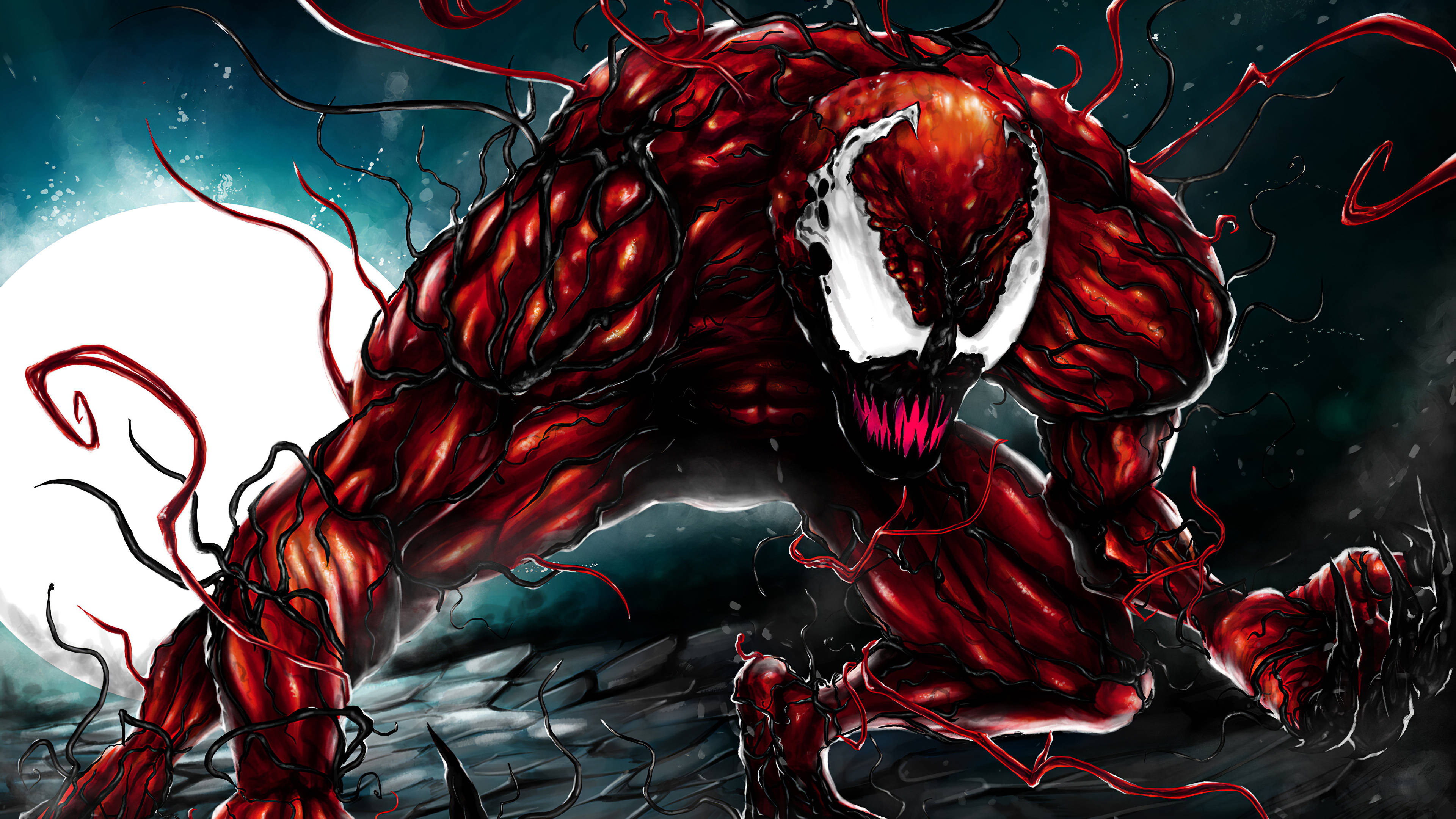 Carnage, red symbiote creature, white eyes, 4K Desktop Wallpaper