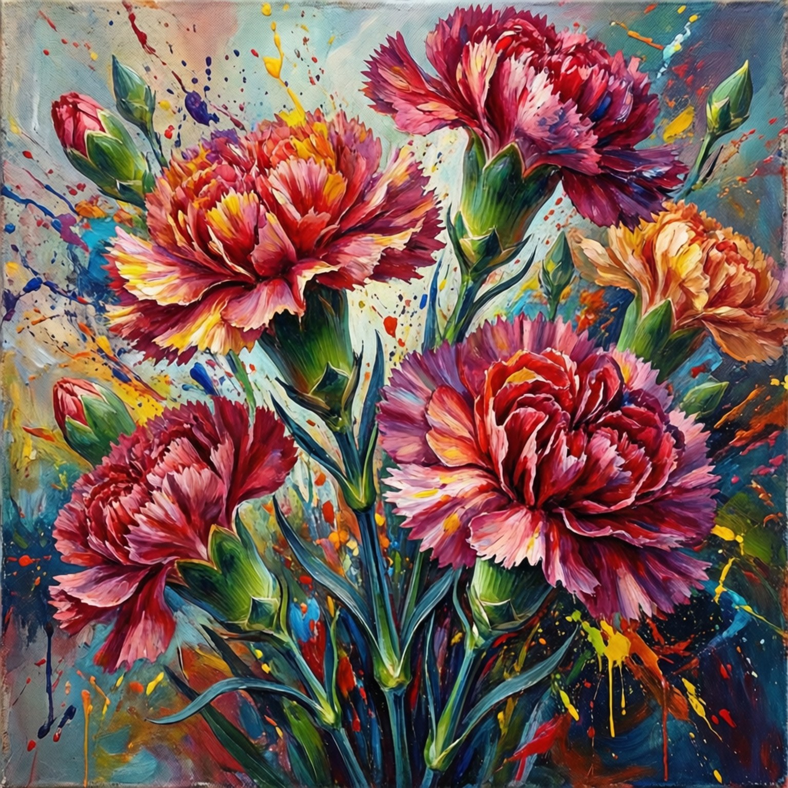 vibrant carnations, rich reds pinks and yellows, dynamic splatter background, HD Desktop Wallpaper